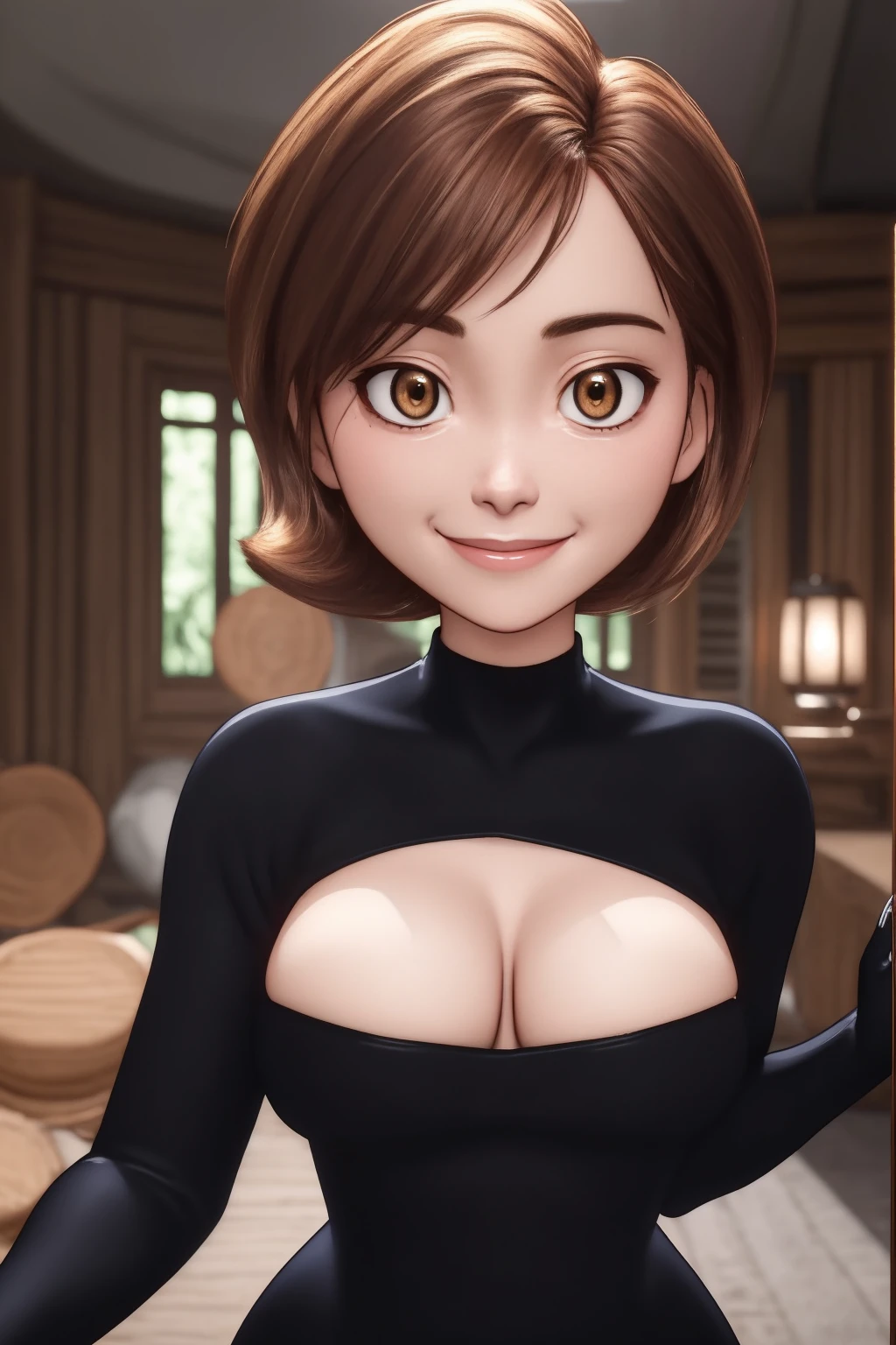 helen Cass, masterpiece, best quality, solo, brown hair, brown eyes, turtleneck, sweater, smile, short hair, turtleneck sweater, black sweater, 1girl, upper body, closed mouth, indoors, portrait, black sweater, 1girl, solo, looking at viewer, smile, short hair, blonde hair, cleavage, bare shoulders, medium breasts, upper body, choker, makeup,