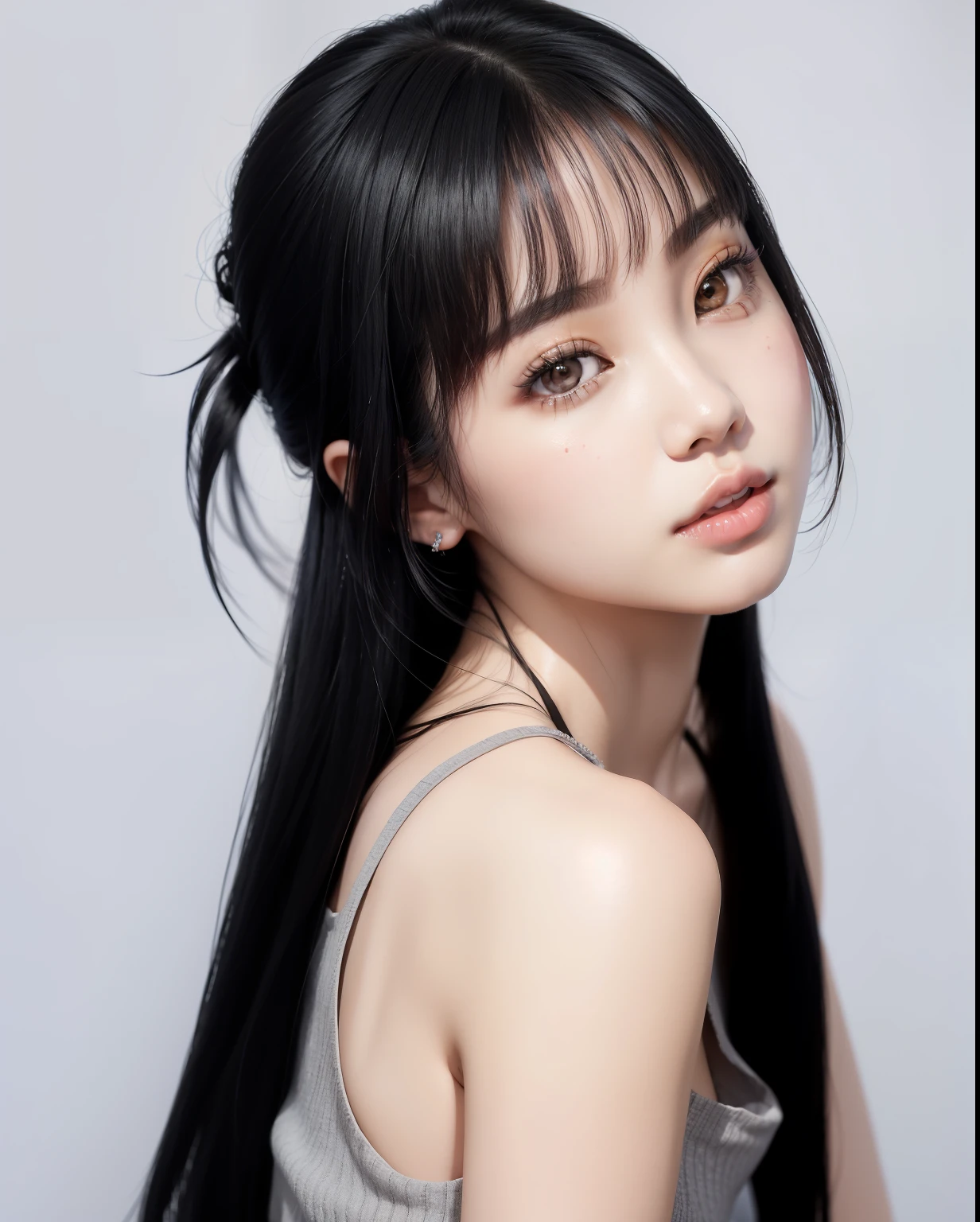 a close up of a woman with long black hair wearing a gray top, lalisa manobal, jaeyeon nam, she has black hair with bangs, kim doyoung, jinyoung shin, lee ji - eun, lee ji-eun, hwang se - on, heonhwa choe, lalisa manoban of blackpink, park ji-min