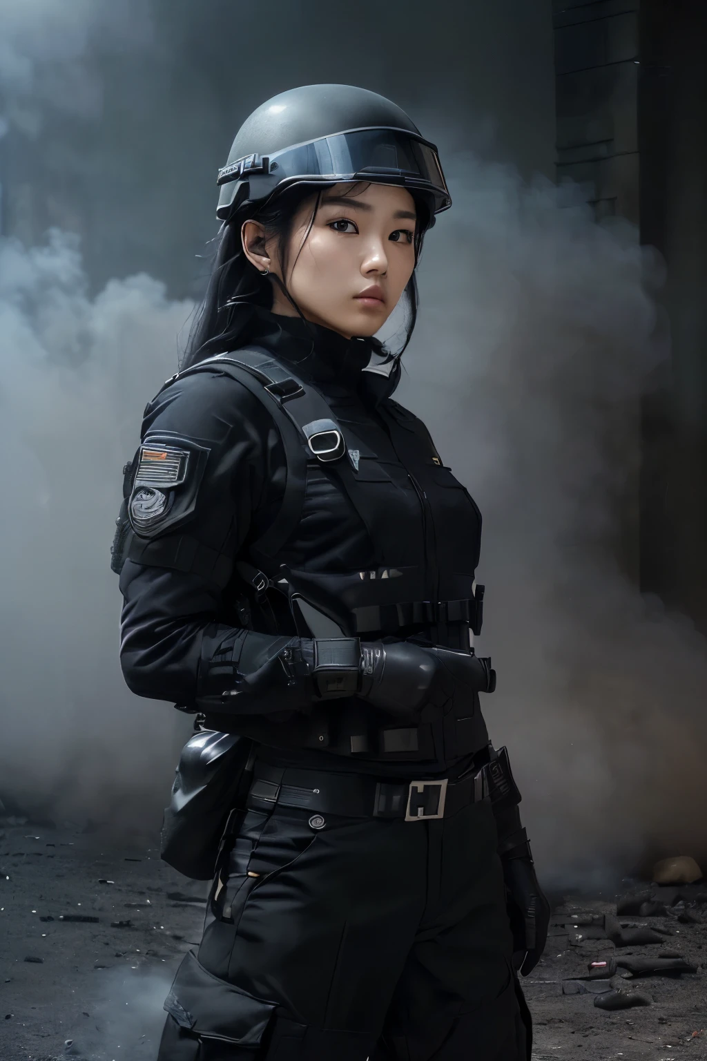 ((tmasterpiece、ultra fine photos、top-quality、超A high resolution、Photorealsitic、foco nítido、(chest circumference、Focus from the chest upwards、(Kim Ji-soo, beautiful woman, skinny, black long hair, detailed face, facing the camera, photo taken from a distance, age of 25 years old)、Special forces uniforms、Black tactical vest、Military trousers、Black combat gloves、rucksack、Black military long-sleeves shirt、SWAT helmet, Detailed facial and chest depictions、detailed hand depiction、Combat pose、Dynamic action、in the city、White smoke、watching at viewers