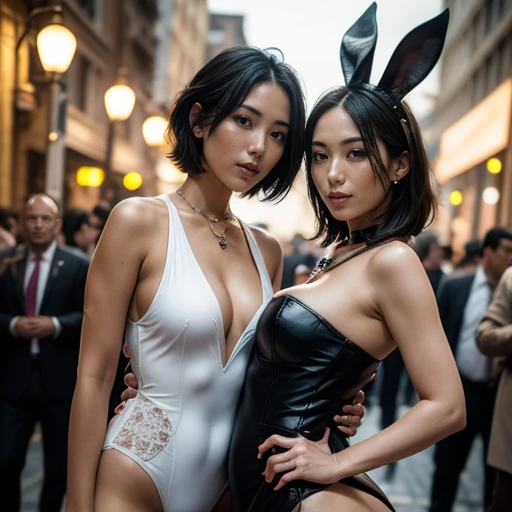 masterpiece, best quality, ultra detailed, beautiful face, beautiful skin, photorealistic, (professional lighting:1.4), breast press each other, (2girls:1.5), light smile, (((on the left is small breasts girl with (very:1.5) short black hair))), (((a little further away on the right is large breasts girl with long blonde hair))), (playboy bunny:1.4), pearl necklace, (erect nipples:1.3), (cameltoe:1.3), looking at viewer, focus on face, ultra sharp, cowboy shot, on street in business district, ultra detailed photo background, (((with the crowd)))
