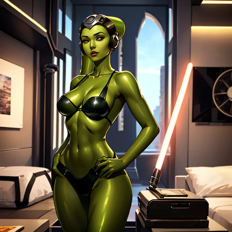 1girl, busty, masterpiece, best quality, high-definition, ((green skin), (twi'lek), (wearing flight suit), slender body, thin, slim sexy body, slim waist, (((medium breasts)))), futuristic apartment,, Star Wars,