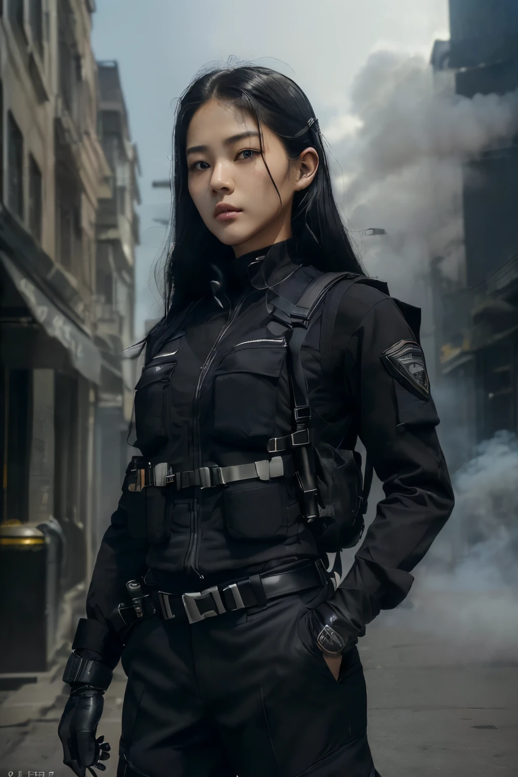 ((tmasterpiece、ultra fine photos、top-quality、超A high resolution、Photorealsitic、foco nítido、(chest circumference、Focus from the chest upwards、(Kim Ji-soo, beautiful woman, skinny, black long hair, detailed face, facing the camera, photo taken from a distance, age of 25 years old)、Special forces uniforms、Black tactical vest、Military trousers、Black combat gloves、rucksack、Black military long-sleeves shirt、SWAT helmet, Detailed facial and chest depictions、detailed hand depiction、Combat pose、Dynamic action、in the city、White smoke、watching at viewers