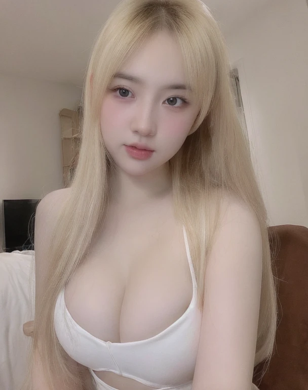 (realistic、high resolution:1.3)、 1 girl with perfect figure、selfee、Long、((white skin:1.3))、Huge breasts:1.3、white bikini、looking at viewers、super fine face and eyes、long hair、 in bedroom, sit on the bed、exposed cleavage、upper body、half body