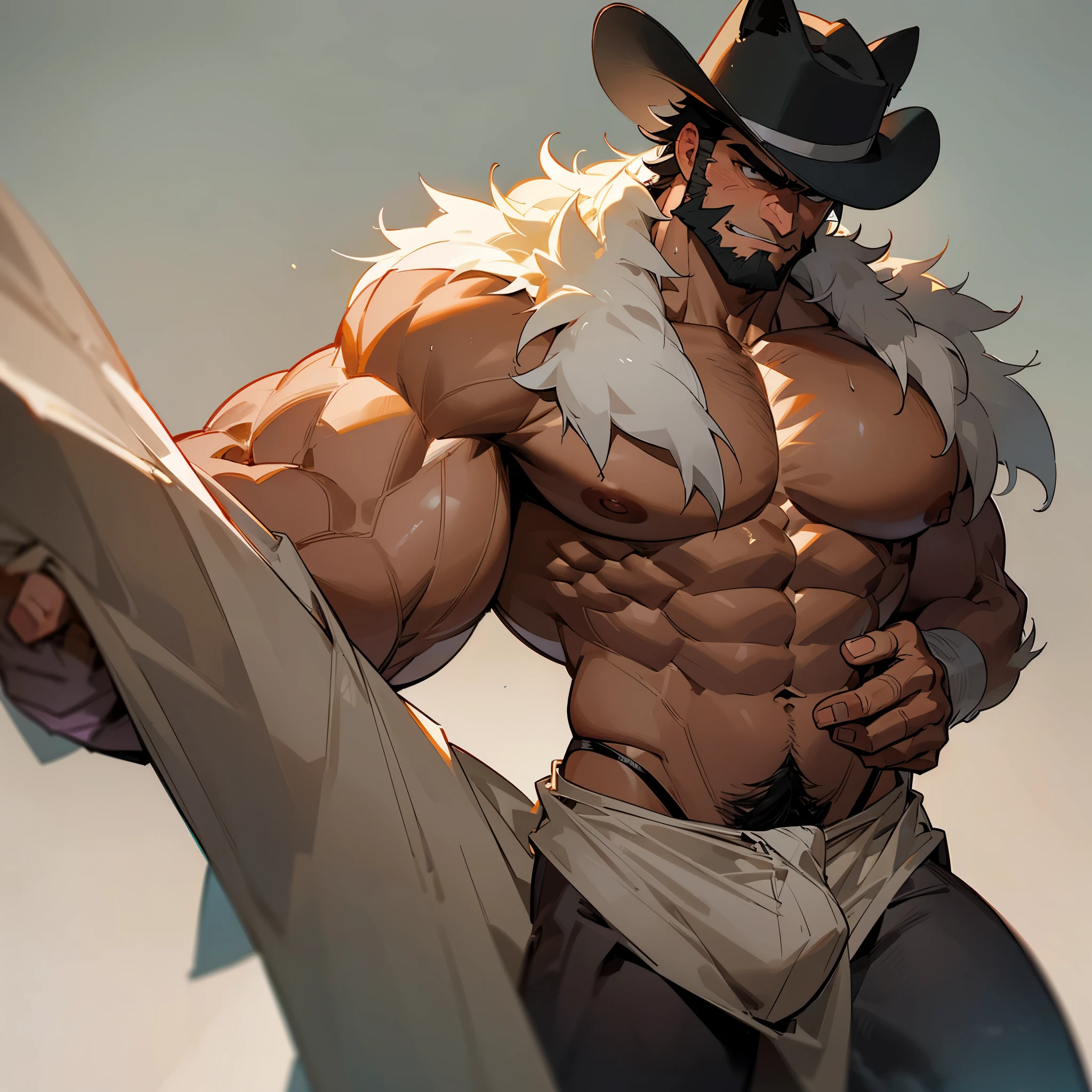Muscular cowboy man, manly, bearded, very hairy, sexy cold stare, with cowboy hat, big pecs, bigger chest, sexy body, big legs, big biceps, big arms, shirtless, sweaty, hot, horny, very horny, erotic, older, age 60, gray colored hair, furry chest, chest full of hairy, chest hair, big belly, in underwear, white boxer briefs, big bulge, bulging, erected bulge,