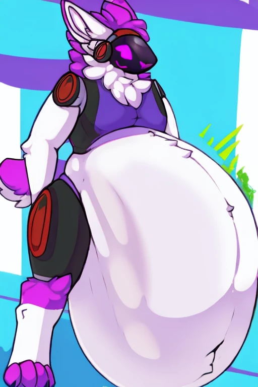 muscular Female Protogen wearing gym clothing, has white fur, has red mechnical parts, has purple eyes, fat, overweight, massive belly, vore, large stomach