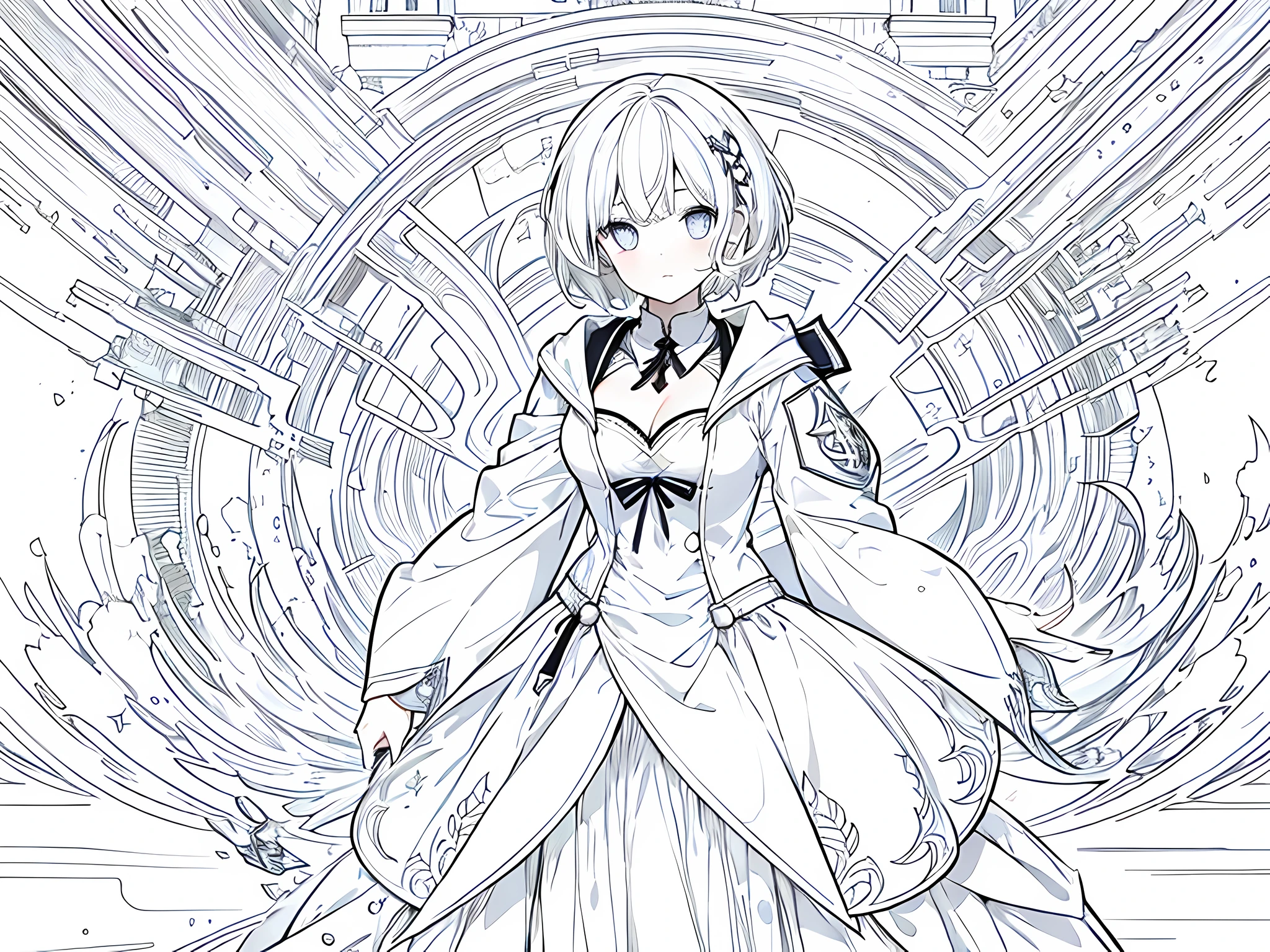 1 girl, wearing hogwarts uniform, cleavage, white hair, short hair, face to detail, detailed eyes, the background is just white, monochrome (clear line, lineart), full body illustration
