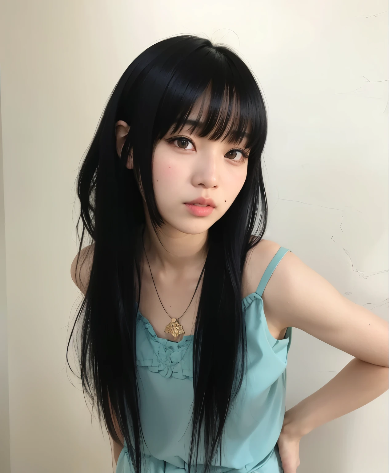 arafed asian woman with long black hair and bangs posing for a picture, black hime cut hair, she has black hair with bangs, the hime cut, long black hair with bangs, long hair with bangs, sui ishida with black hair, white hime cut hairstyle, long hair with full bangs, anime girl in real life, neat hair with bangs