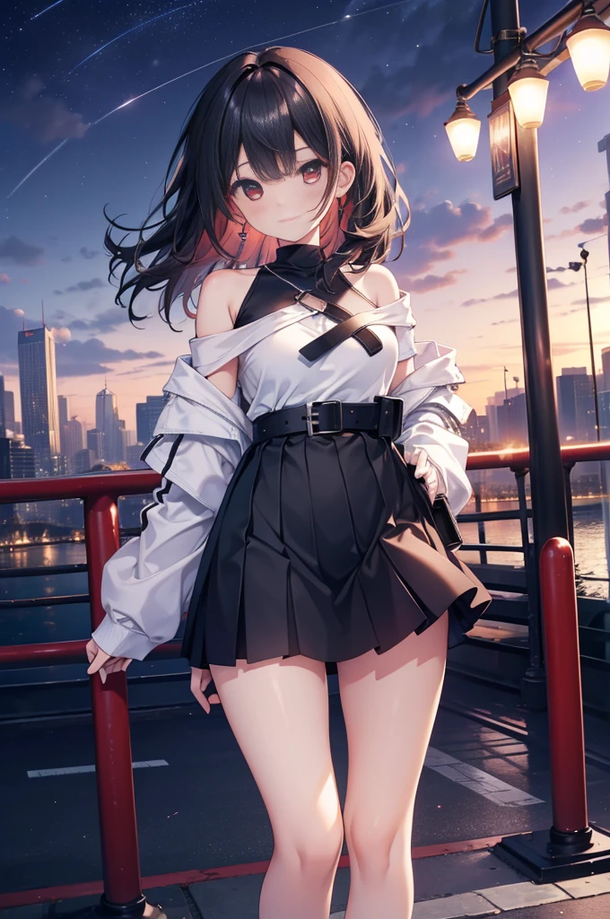 (masterpiece), (best quality), (4k resolution), (anatomy; perfect), , 1 girl, fair skin, red eyes, black hair), detailed eyes, perfect face, (locks, bangs), loose hair, (light effects in hair), eyebrow, nose, ear, tight mouth, smiling, sweatshirt OFF SHOULDER TOP, short skirt, tightig chest), (perfect belly), (perfect waist), Beautiful and perfect legs, standing, background scenery, in the park, new year, beautiful night, night lighting, looking at viewer shy