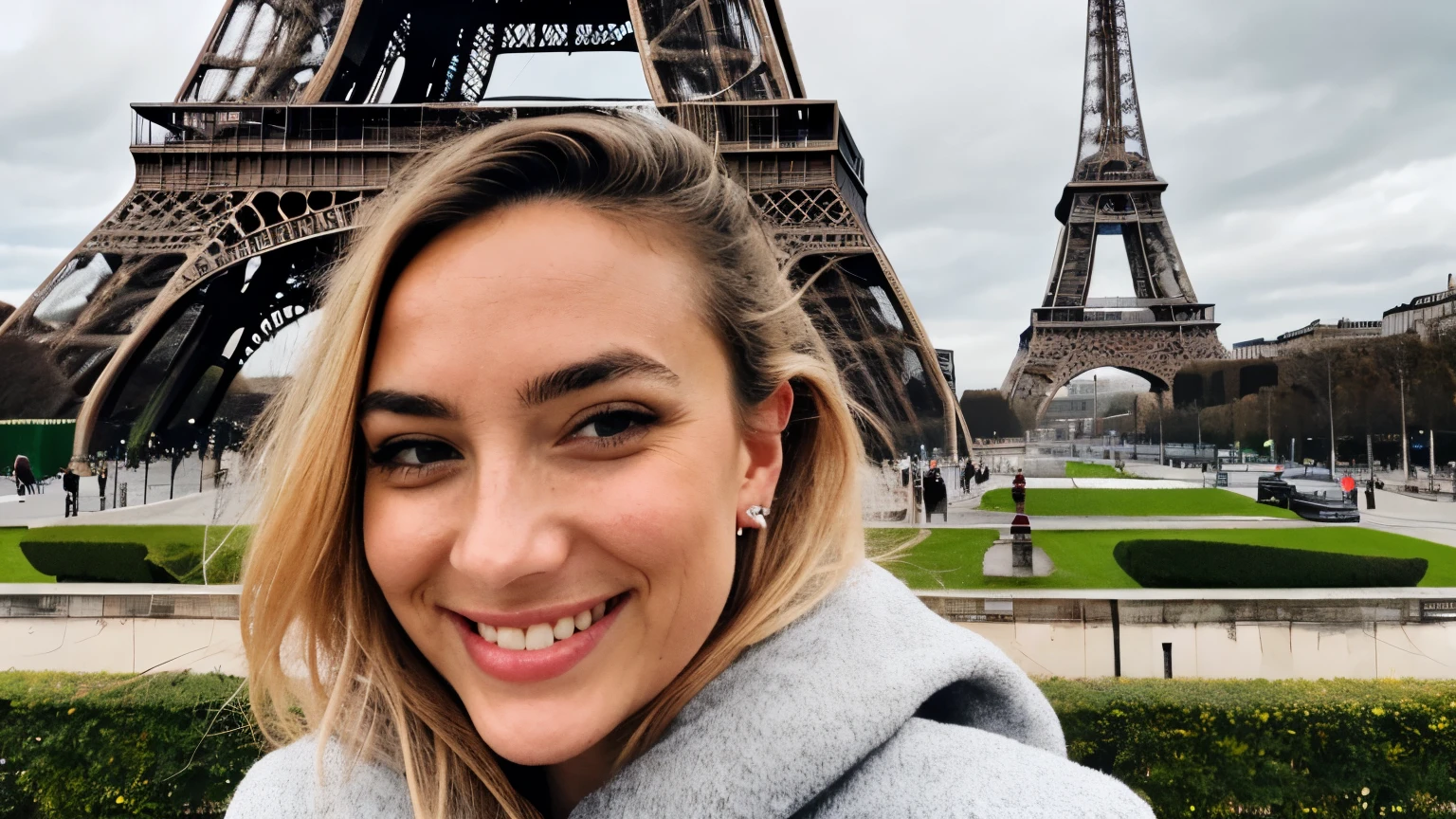 photo, Photo of a beautiful woman, Selfie, upper body, alone, wear a pullover, outdoor, Nature in real life, There is the Eiffel Tower in the background., cheerful, be happy, look at viewer, skin texture, เนื้อphoto, close up, photoดิบ