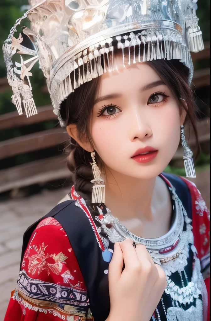 （8k，RAW photos，best quality，masterpiece：1.2））35mm，Ultra high detail，professional lighting，best quality，ultra high resolution，Visually stunning，（1girll：1.1），（Miao costume and headgear），real human skin，（Perfect body 1.3）super delicate face。