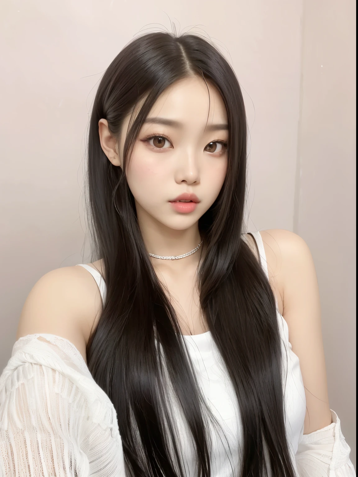 a close up of a woman with long hair wearing a white top, jaeyeon nam, blackpink jennie, jinyoung shin, ulzzang, with long hair, korean girl, the hime cut, white hime cut hairstyle, heonhwa choe, lee ji - eun, lee ji-eun, beautiful south korean woman, black hime cut hair, gorgeous young korean woman