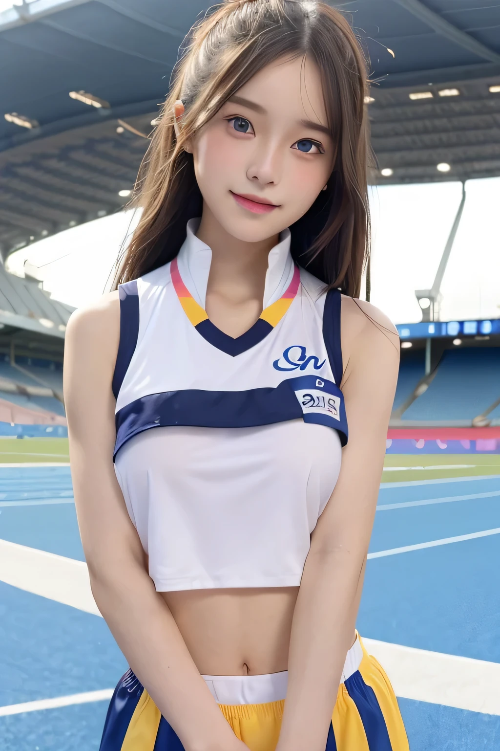 pieces fly、masterpiece、highest quality、Super detailed、High resolution、High resolution、8K portrait、unity 8k wallpaper、Detailed CG、unity 8k wallpaper、Detailed CGユニティ8kの壁紙、realistic、real person、portrait photography、shiny skin、(16 years old)、(cute:1.4)、High resolution、beautiful clear eyes、very detailed explanation、delicate face、nice lips、thin waist、thin legs、1 girl、(athletics stadium:1.4)、(colorful sleeveless track and field uniform:1.4)、(big breasts:1.3)、(My nipples stick to my clothes:1.3)、(smile)、(abs:1.3)、(wavy hair)