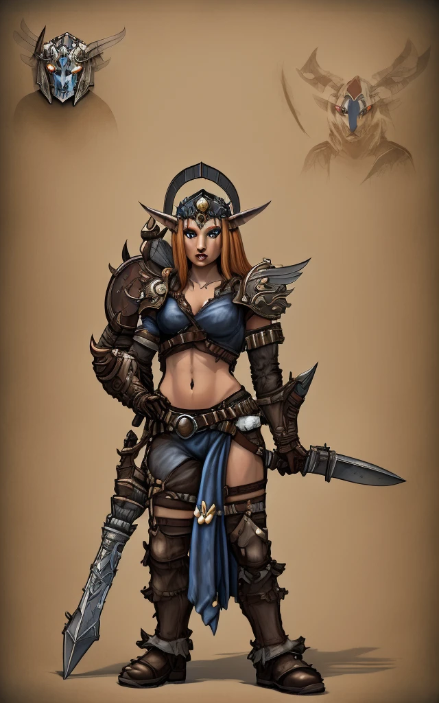 Anthropomorphic lizard、Anthropomorphic lizardと人間のハーフの女の子、Face is a human girl、Heavy armor,、Blue skin、She has big breasts but hides them、Hide your breasts、Big eyes、Sharp Eyes、A charming face、masterpiece, high quality, feet, Pause, Shorts, Toned Up、Sword and shield ready、Without any covering、body facing forward、