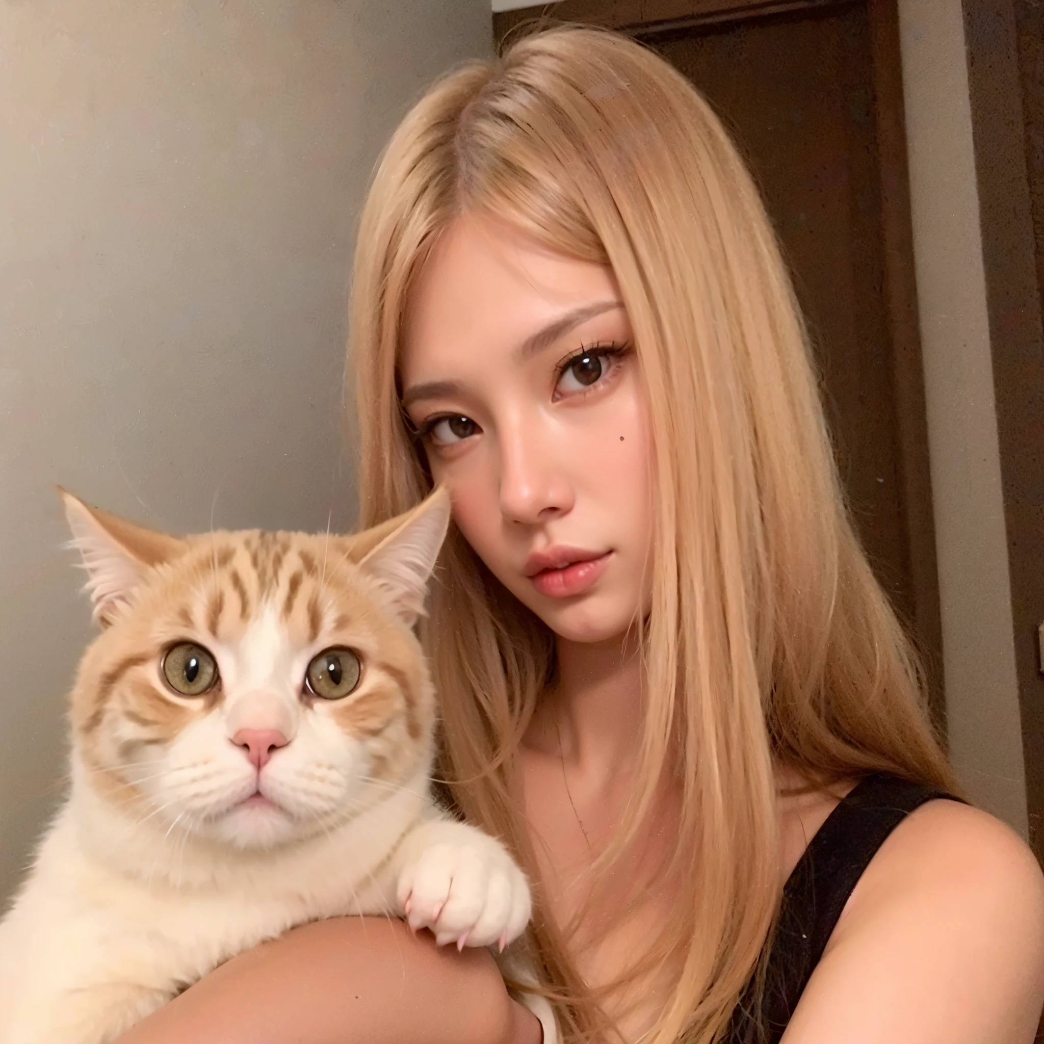 blond Mulher holding a cat in her arms in a room, garota gato atraente, very beautiful cute garota-gato, Jennie Blackpink, Jennie kim, Kim jennie do blackpink, Mulher híbrido de gato, human híbrido de gato, garota de anime na vida real, há um gato ao lado dela, beautiful young garota-gato, garota-gato