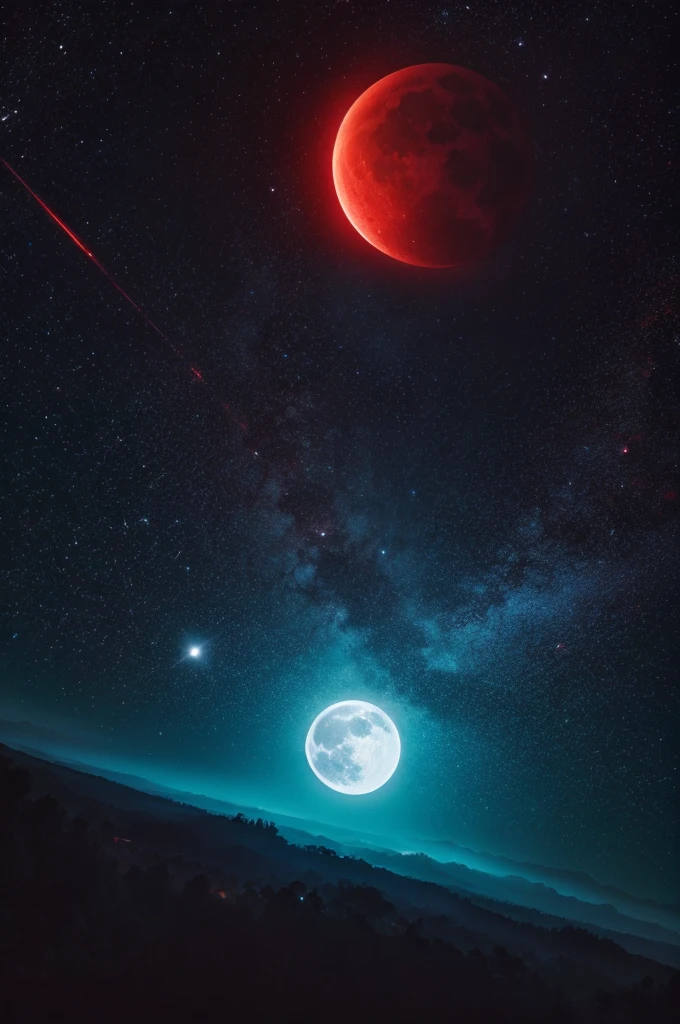 Red giant moon, bright galaxy behind, spectacular view