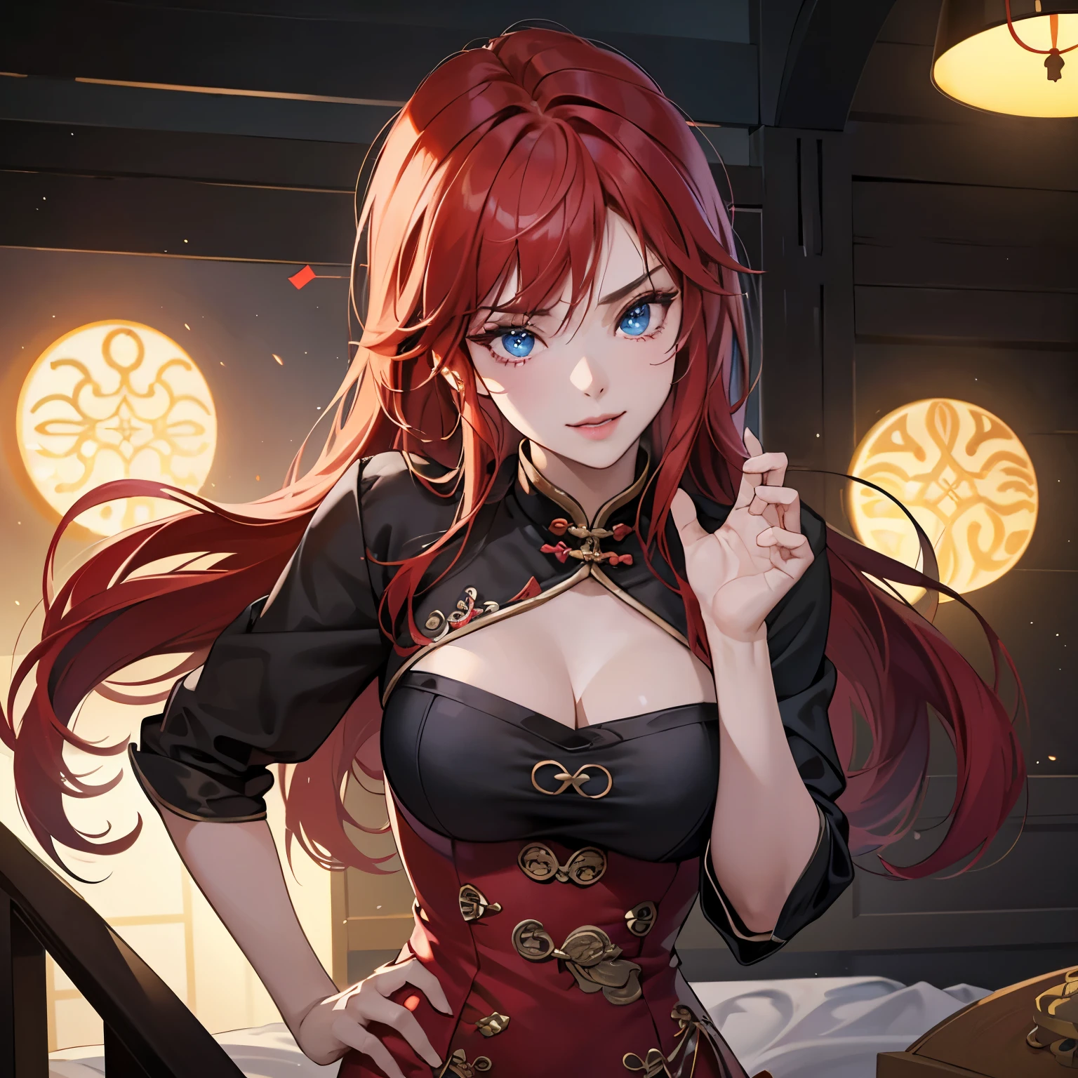(Best Quality, 4k, 8K, high resolution, Masterpiece: 1.2) wearing a chinese cheongsam, A seductive woman with a fit, toned body, inspiring envy with her vibrant red hair and captivating blue eyes, Rias Gremory. She exudes sex appeal with a sly, enticing smile, her gaze suggestive and inviting. (Round face: 1.1) Close up: 1.2 (Physical Rendering: 1.3) (Professional Lighting: 1.3) (Photon Mapping: 1.3) (Radiosity:

