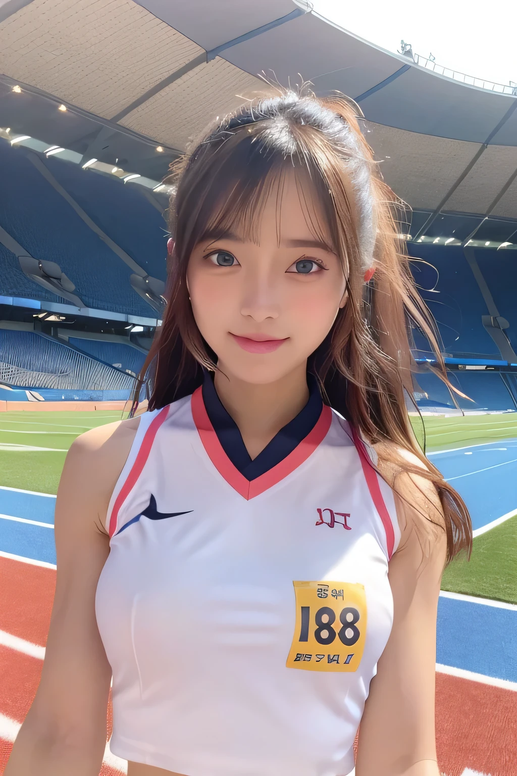 pieces fly、masterpiece、highest quality、Super detailed、High resolution、High resolution、8K portrait、unity 8k wallpaper、Detailed CG、unity 8k wallpaper、Detailed CGユニティ8kの壁紙、realistic、real person、portrait photography、shiny skin、()、(cute:1.4)、High resolution、beautiful clear eyes、very detailed explanation、delicate face、nice lips、thin waist、thin legs、1 girl、(athletics stadium:1.4)、(colorful sleeveless track and field uniform:1.4)、(big breasts:1.3)、(My nipples stick to my clothes:1.3)、(smile)、(abs:1.3)、(wavy hair)