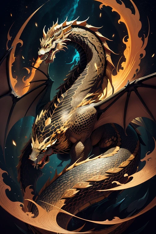 Dragon artwork in a hand-drawn style, cut-out paper effect, Western dragon style, universe background, mythical creature, fierce expression, flowing mane, detailed scales, vibrant colors, dynamic pose, intricate patterns, delicate paper textures, black and gold color scheme, masterful shading, high contrast, intense gaze, 4K UHD resolution.