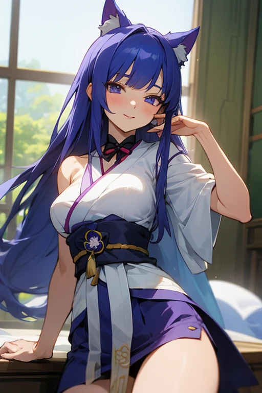 anime girl, Purple cat ears, long hair, beautiful clothes, Gubes style, 4K clarity, CG Station Pop, Antique architecture, seductive girl, Charm, Genshin Kel, anime style, 8K, beautiful anime woman, front of girl.