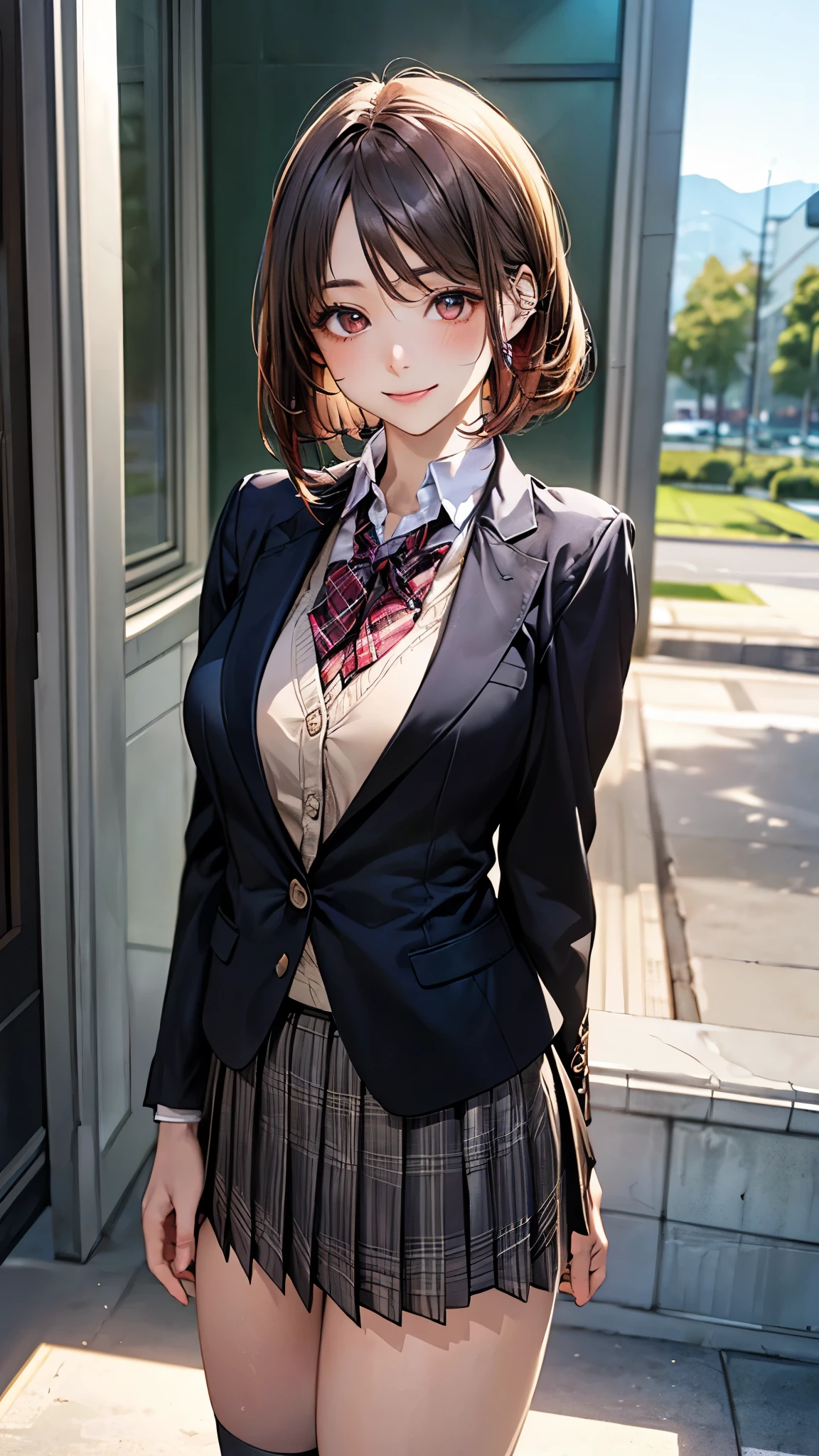 (masterpiece:1.2, top-quality), (realistic, photorealistic:1.4), beautiful illustration, (natural side lighting, movie lighting), 
looking at viewer, cowboy shot, front view:0.6, 1 girl, japanese, high school girl, perfect face, cute and symmetrical face, shiny skin, 
(short hair:1.5, straight hair:1.2, maroon hair), swept bangs, dark brown eyes, long eye lasher, (large breasts:0.6, seductive thighs), 
beautiful hair, beautiful face, beautiful detailed eyes, beautiful clavicle, beautiful body, beautiful chest, beautiful thigh, beautiful legs, beautiful fingers, 
(((dark grey blazer, close blazer), long sleeve white collared shirts, black pleated skirt, black socks, brown loafers)), light grey plaid panties, 
(beautiful scenery), evening, riverside, walking, (lovely smile, upper eyes), 