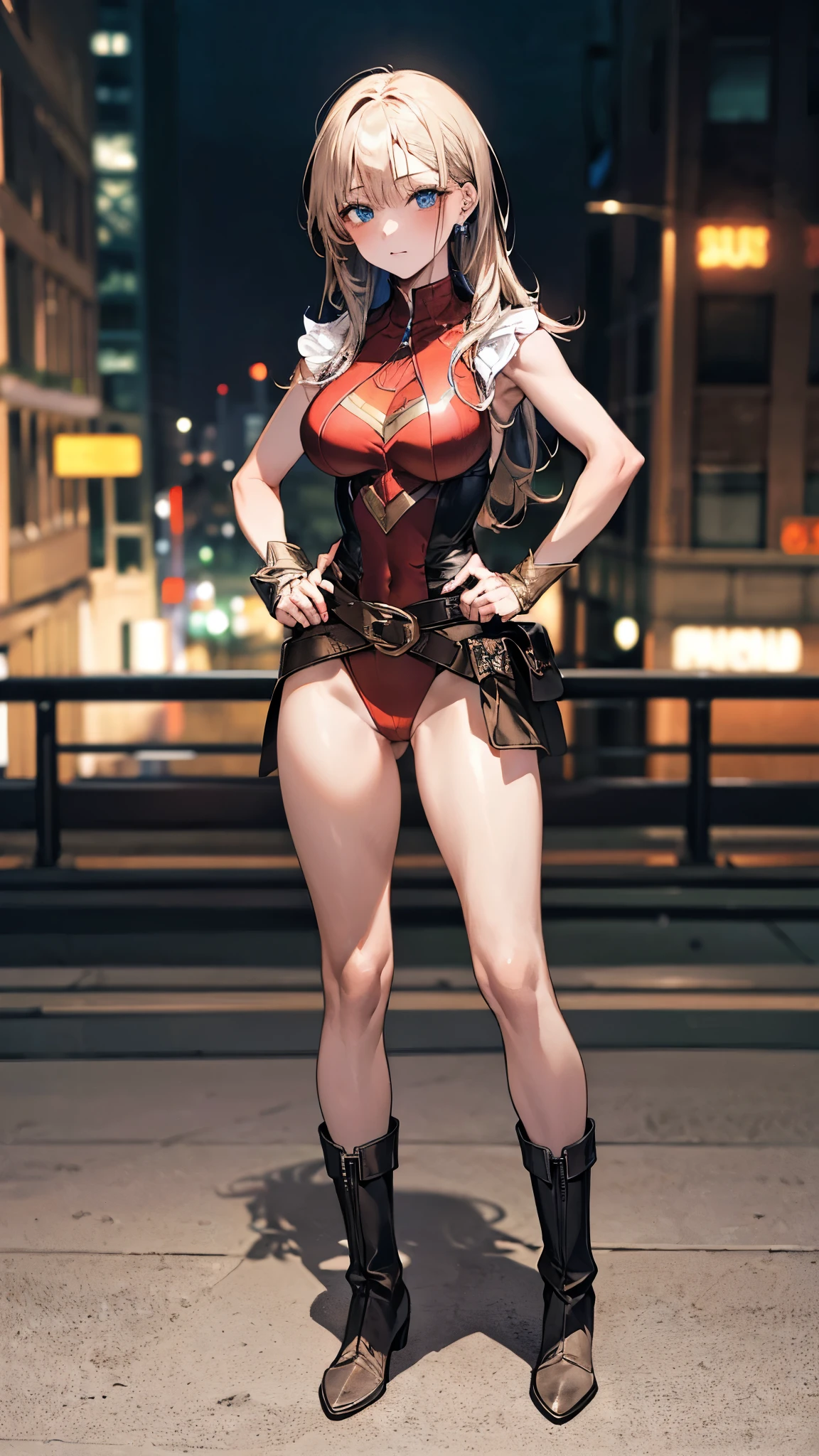 (Best Quality, Masterpiece), 1girl, superhero, leotard, highleg leotard, bare legs, boots, standing, solo focus, tight belt, hands on hip, full body shot, mature lady, city backdrop, sleeveless, ultra highres, absurdres, beautiful face, detailed eyes, symmetric eyes, ((only five fingers)), perfect body, good proportions