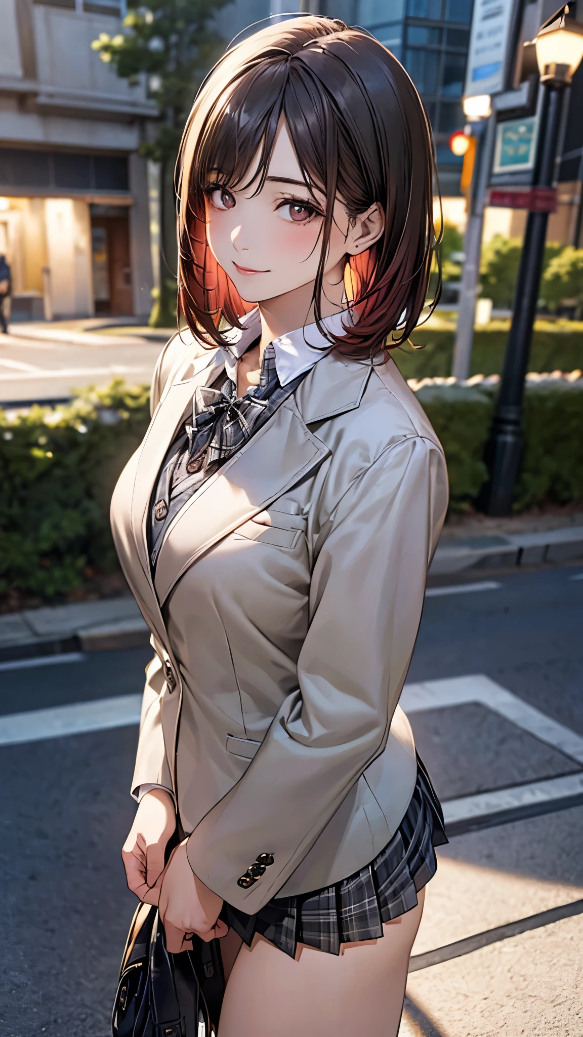 (masterpiece:1.2, top-quality), (realistic, photorealistic:1.4), beautiful illustration, (natural side lighting, movie lighting),
looking at viewer, cowboy shot, front view:0.6, 1 girl, japanese, high school girl, perfect face, cute and symmetrical face, shiny skin,
(short hair:1.5, straight hair:1.2, maroon hair), swept bangs, dark brown eyes, long eye lasher, (large breasts:0.6, seductive thighs),
beautiful hair, beautiful face, beautiful detailed eyes, beautiful clavicle, beautiful body, beautiful chest, beautiful thigh, beautiful legs, beautiful fingers,
(((dark grey blazer, close blazer), long sleeve white collared shirts, black pleated skirt, black socks, brown loafers)), light grey plaid panties,
(beautiful scenery), evening, riverside, walking, (lovely smile, upper eyes),