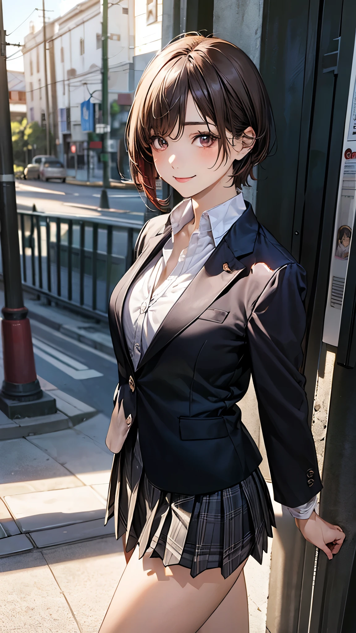 (masterpiece:1.2, top-quality), (realistic, photorealistic:1.4), beautiful illustration, (natural side lighting, movie lighting),
looking at viewer, cowboy shot, front view:0.6, 1 girl, japanese, high school girl, perfect face, cute and symmetrical face, shiny skin,
(short hair:1.5, straight hair:1.2, maroon hair), swept bangs, dark brown eyes, long eye lasher, (large breasts:0.6, seductive thighs),
beautiful hair, beautiful face, beautiful detailed eyes, beautiful clavicle, beautiful body, beautiful chest, beautiful thigh, beautiful legs, beautiful fingers,
(((dark grey blazer, close blazer), long sleeve white collared shirts, black pleated skirt, black socks, brown loafers)), light grey plaid panties,
(beautiful scenery), evening, riverside, walking, (lovely smile, upper eyes),