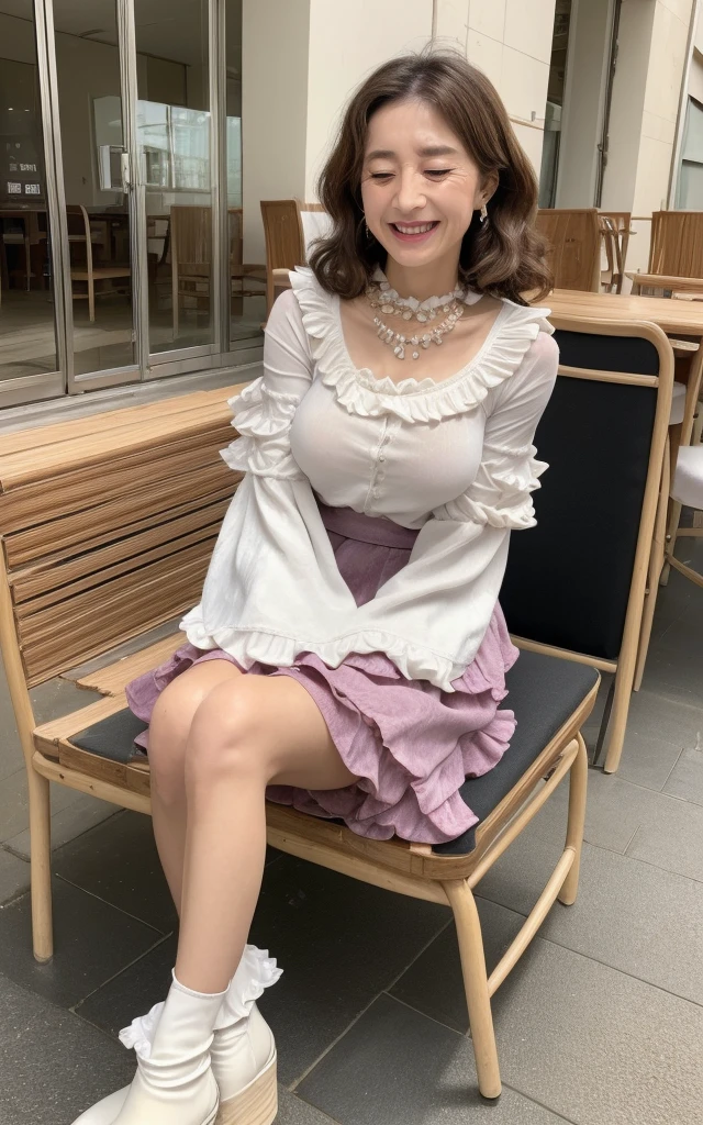​(masterpiece, highest quality), japanese mature, (alone), 60 years old, (wrinkles around the eyes:1.55), big breasts, mature woman, Glamour, Sexy, pure white skin, looking at the viewer、(super big breasts:1.28)、(Wavy Longhair)、small diamond necklace、earrings、(((bell sleeve blouse, frill skirt)))、short boots、smile、Public place、cross your legs、sit on a chair、full body photo、