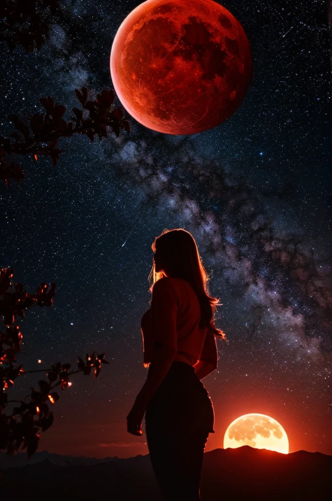 End of the earth, huge red moon, bright galaxy behind, spectacular view