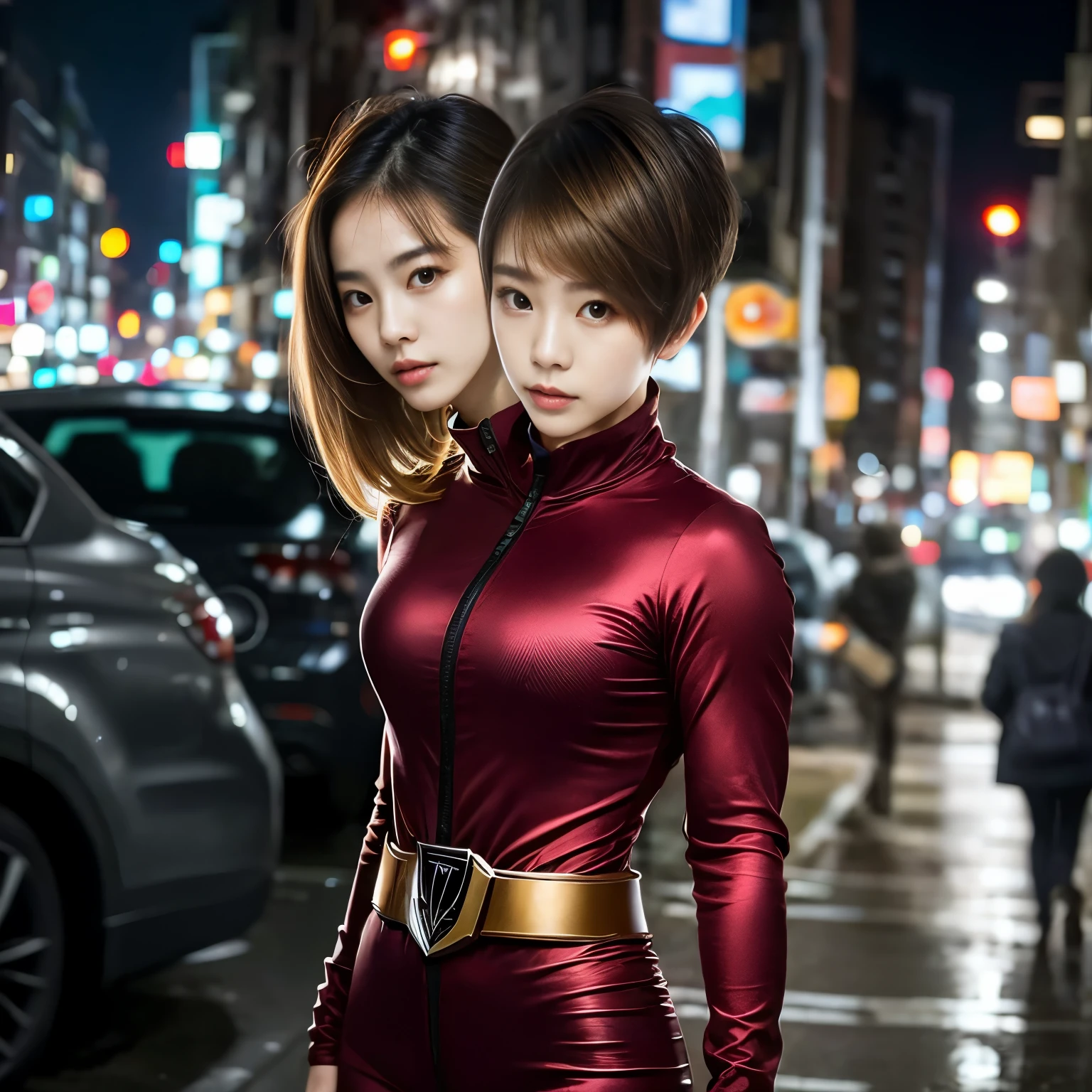 best resolution, half-body shot, , 2heads, woman with two heads,korean, diferent haircuts, pixie cut, ponytail, different hair  colorsbrown hair, blonde hair,    power ranger suit, city background