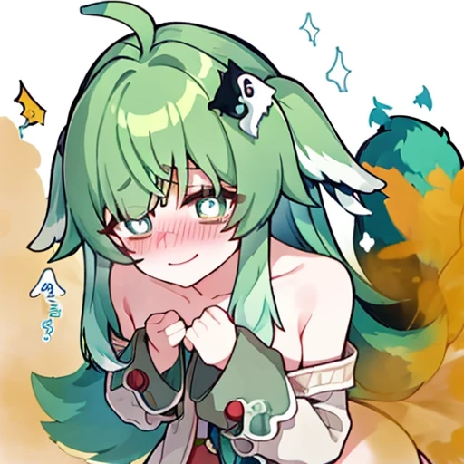 Highest image quality、(master piece:1.2)、detailed、Huo Huo、1 girl、solo、green hair、fart、green eyes、Shy personality、coward、pale tail、Gas comes out of the butt、a lot of gas、blush、shy、Satisfied smile、put pressure on your face、hot spring、Completely naked、bathing、bathroom、loud fart sound