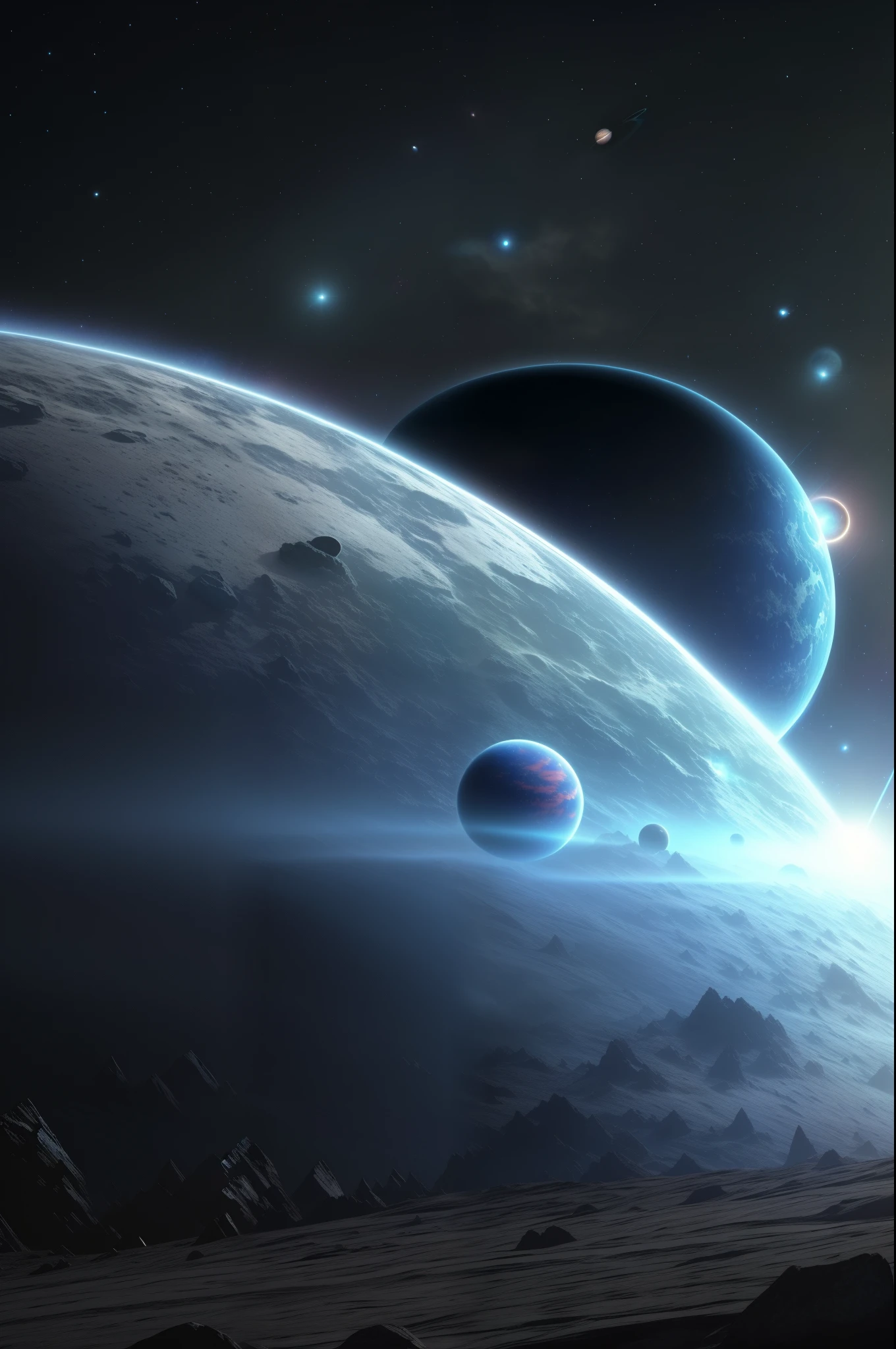 There is a picture of a space scene with planets and rocks, epic beautiful space scifi, planets colliding, large planets in the background, amazing wallpapers, beautiful space planet, planet behind, two planets colliding, interstellar space setting, Sci-Fi Fantasy Wallpapers, beautiful wallpaper, space background, space landscape, planets in the background, planets and stars