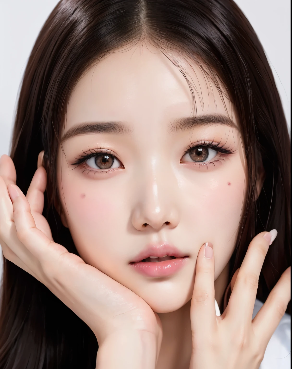 a close up of a woman with long hair and a white shirt, popular south korean makeup, popular korean makeup, blackpink jennie, young adorable korean face, korean face features, wan adorable korean face, jinyoung shin, beautiful aesthetic face, jaeyeon nam, with round face, south east asian with round face, with cute doting eyes, lee ji-eun