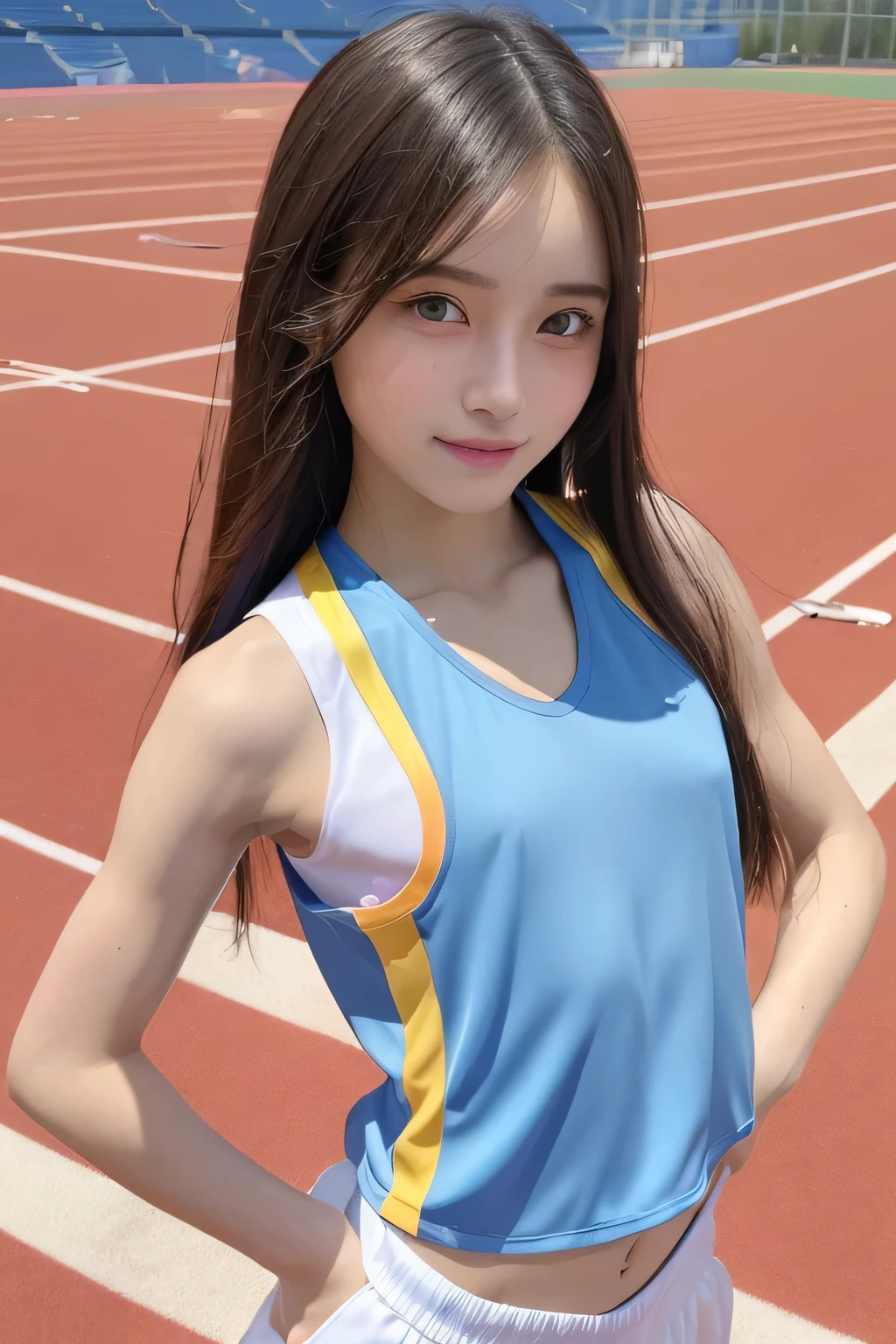 pieces fly、masterpiece、highest quality、Super detailed、High resolution、High resolution、8K portrait、unity 8k wallpaper、Detailed CG、unity 8k wallpaper、Detailed CGユニティ8kの壁紙、realistic、real person、portrait photography、shiny skin、(:1.2)、(cute:1.2)、High resolution、beautiful clear eyes、very detailed explanation、delicate face、cute face、nice lips、thin waist、thin legs、1 girl、(athletics stadium:1.5)、(flat chest:1.7)、(colorful sleeveless track and field uniform:1.5)、(abs:1.4)、(My nipples hit my clothes:1.4)、(smile)、(wavy hair)、(stop temporarily)