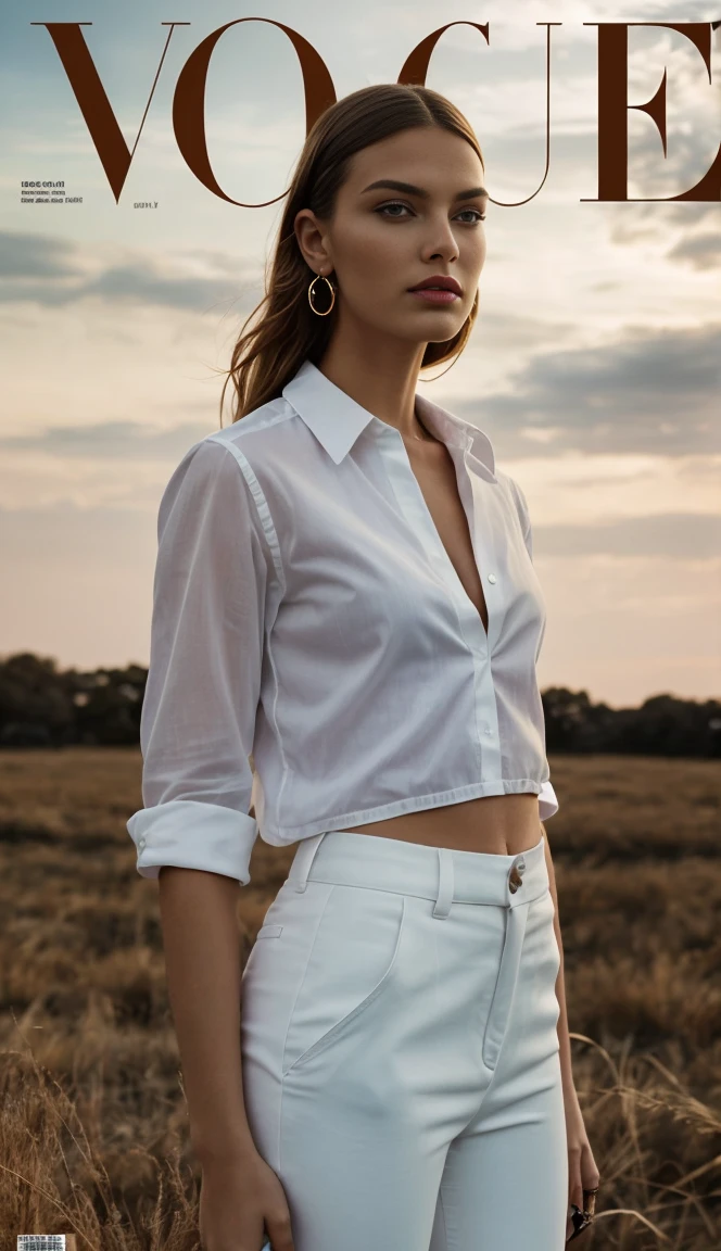 The image features a beautiful young woman wearing a white shirt and white pants. She is standing in a grassy area, possibly a park, and posing for the camera. The woman is wearing a pair of earrings, which adds a touch of elegance to her outfit. The scene appears to be captured during sunset, giving the image a warm and serene atmosphere. High fashion, dynamic, dramatic, elegant, Vogue cover dramatic photography, supermodel, avant garde style
