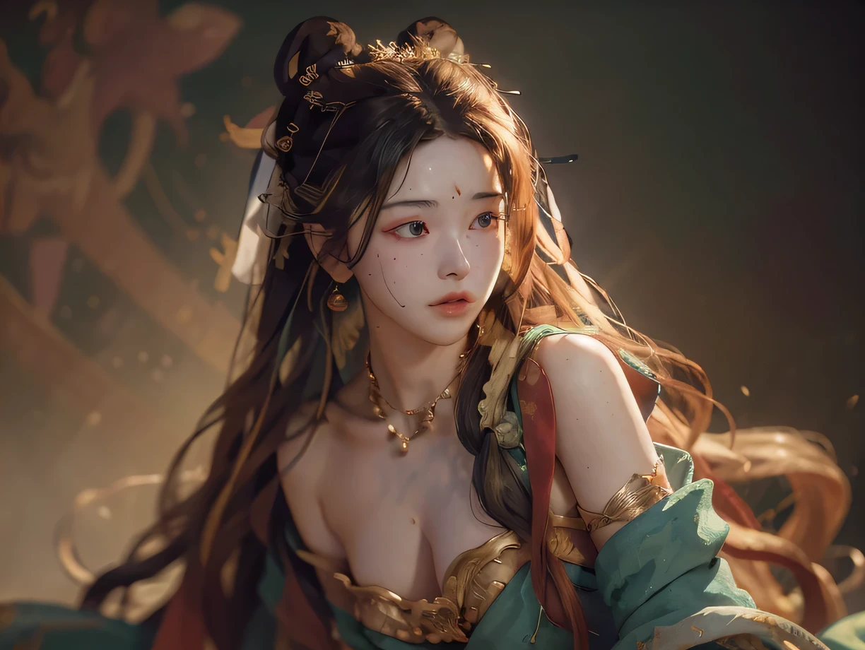 nsfw,(RAW photo, best quality),(realistic, photo-realistic:1.3),best quality,highly detailed,masterpiece,ultra-detailed,illustration,1girl,upper_body,dynamic angle,world masterpiece theater,messy_long_hair,best quality,extremely detailed CG unity 8k wallpaper,ink,Amazing,cinematic lighting,lens_flare,dunhuang_style,