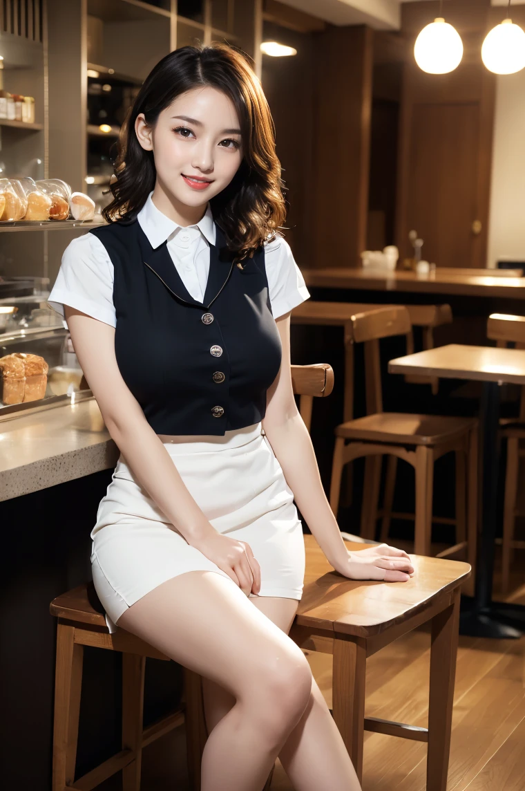 (((full body,including legs)))、(((cute counter staff,little smile,blush,red cheek,in the cafeterria,open legs apart,sitting down the chair))),(((perfect uniform of Japanese stewardess, black vest-dress uniform,white tight blouse,black mini skirt,black high-heel,little smile,white blouse,tight blouse))) ,high heel、Dressed up、(Photo real:1.4)、(A hyper-realistic:1.4)、(Photorealistic:1.3)、 (gentle lighting: 1.05)、(Improve the lighting quality of your video:0.9)、32k、 1Girl、28years old girl、photorealistic lighting、Back lighting、Facial Lights、Ray Trace、(bright:1.2)、(Increase quality:1.4)、 (best quality real texture skin)、Fair eyes,Delicate and delicate face, Close-up of the face, white blouse,tight blouse,tight black vest-dress uniform,black mini skirt, (Bodyline mood improvement:1.1)、good figure,Glossy skin、wavy hair,curly hair,blonde hair,韓国アイドル、乃木坂アイドル、Sculptural Idol Pose、little smile,blush,Beautiful actress, (((large breasts,beautiful breasts))),(perfect row of teeth),slender waist and hip,beautiful long legs,full shot)、((8heads tall)、(((誘惑している、恥ずかしい)))、dynamic pose,gravure pose,(eye shadow),((red cheek、red lips)),Super Clean Night View、night time、blush,little smile,(((full shot)))、Super Clean Night View、night time,in the cafeterria,open legs apart,sitting down the chair))),