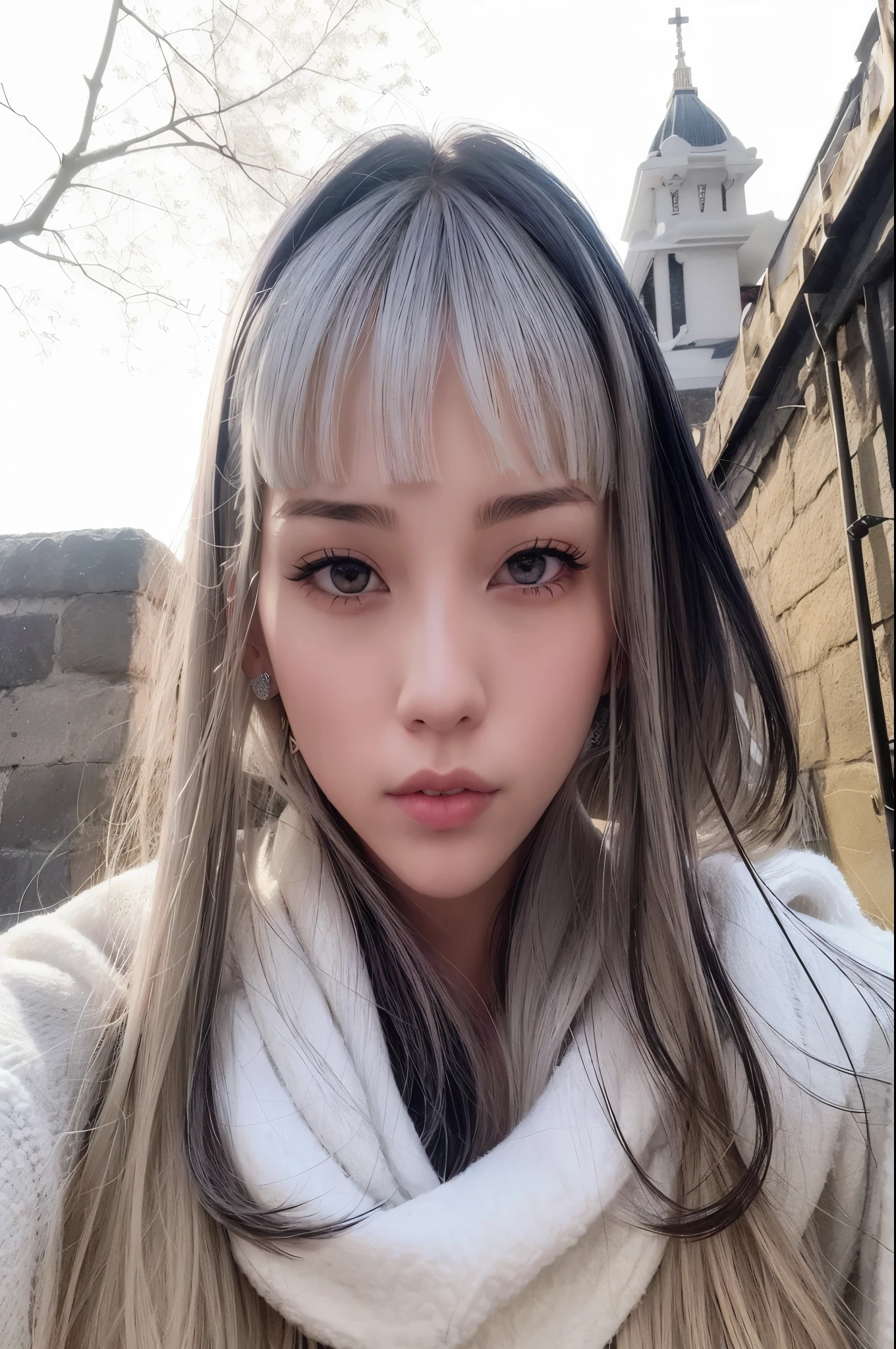 A close-up of a woman with long hair wearing a white sweater, flequillo blanco, peinado de corte hime blanco, cabello con flequillo blanco, girl cabello plateado, pelo largo y blanco y flequillo, ulzzang, muchacha coreana, cabello plateado girl, chica anime en la vida real, con el pelo largo y blanco, black hair and flequillo blanco, Lalisa Manobal, cabello plateado (cola de caballo), aespa Karina