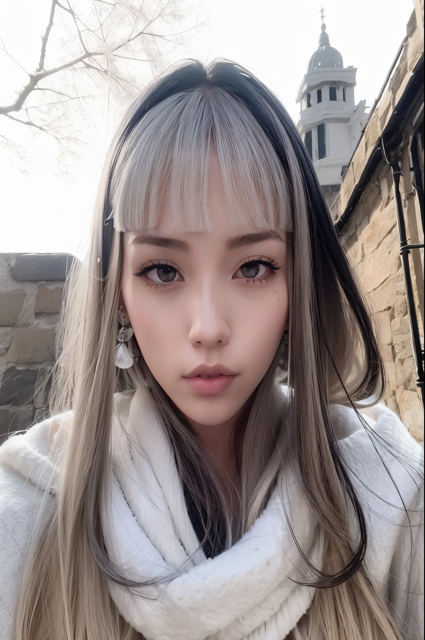 A close-up of a woman with long hair wearing a white sweater, flequillo blanco, peinado de corte hime blanco, cabello con flequillo blanco, girl cabello plateado, pelo largo y blanco y flequillo, ulzzang, muchacha coreana, cabello plateado girl, chica anime en la vida real, con el pelo largo y blanco, black hair and flequillo blanco, Lalisa Manobal, cabello plateado (cola de caballo), aespa Karina