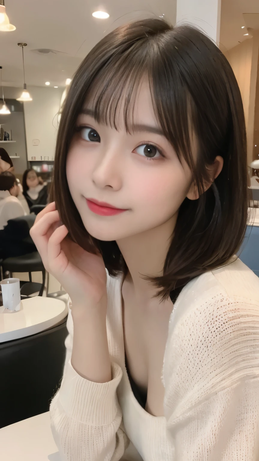 N.F.S.W.、highest quality、disorganized、super detailed、finely、High resolution、8k wallpaper、close up of face、perfect dynamic composition、beautiful and fine eyes、Gorgeous knit Korean winter clothes、skirt、Pretty hairstyle、bangs、(princess cut hair)、big breasts、natural color lip、bold sexy pose、smile、Cafe、Japanese、 girl、cute、sexy shot looking at camera、Always blur the background、perfect and beautiful face,Take only the face、beautiful and detailed face、slim face and style