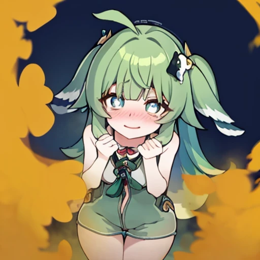 Highest image quality、(master piece:1.2)、detailed、Huo Huo、1 girl、solo、green hair、fart、green eyes、Shy personality、coward、pale tail、Gas comes out of the butt、a lot of gas、blush、shy、Satisfied smile、put pressure on your face、hot spring、Completely naked、bathing、bathroom、loud fart sound、dynamic pose、