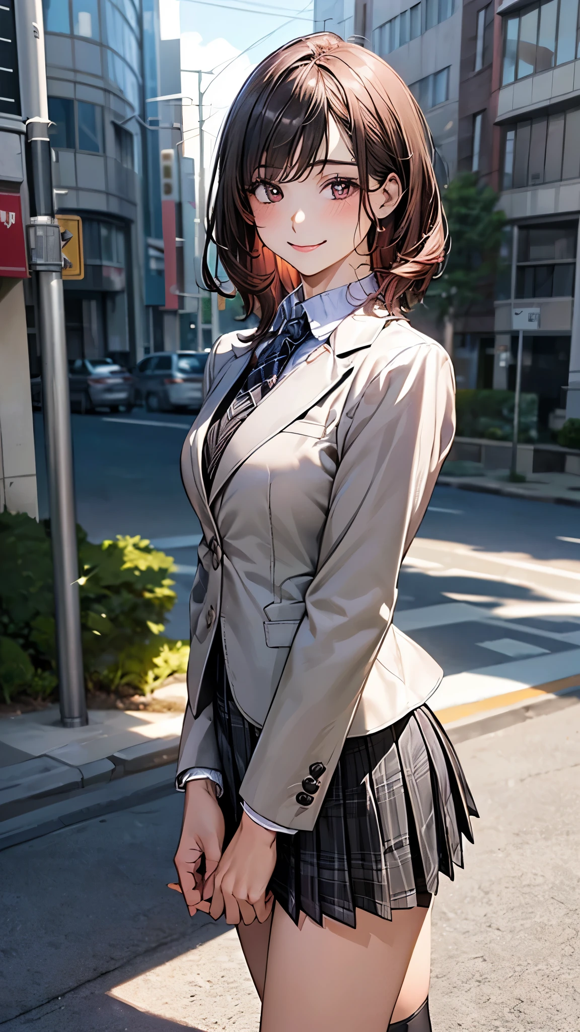(masterpiece:1.2, top-quality), (realistic, photorealistic:1.4), beautiful illustration, (natural side lighting, movie lighting),
looking at viewer, cowboy shot, front view:0.6, 1 girl, japanese, high school girl, perfect face, cute and symmetrical face, shiny skin,
(short hair:1.5, straight hair:1.2, maroon hair), swept bangs, dark brown eyes, long eye lasher, (large breasts:0.6, seductive thighs),
beautiful hair, beautiful face, beautiful detailed eyes, beautiful clavicle, beautiful body, beautiful chest, beautiful thigh, beautiful legs, beautiful fingers,
(((dark grey blazer, close blazer), long sleeve white collared shirts, black pleated skirt, black socks)), light grey plaid panties,
(beautiful scenery), evening, riverside, walking, (lovely smile, upper eyes),