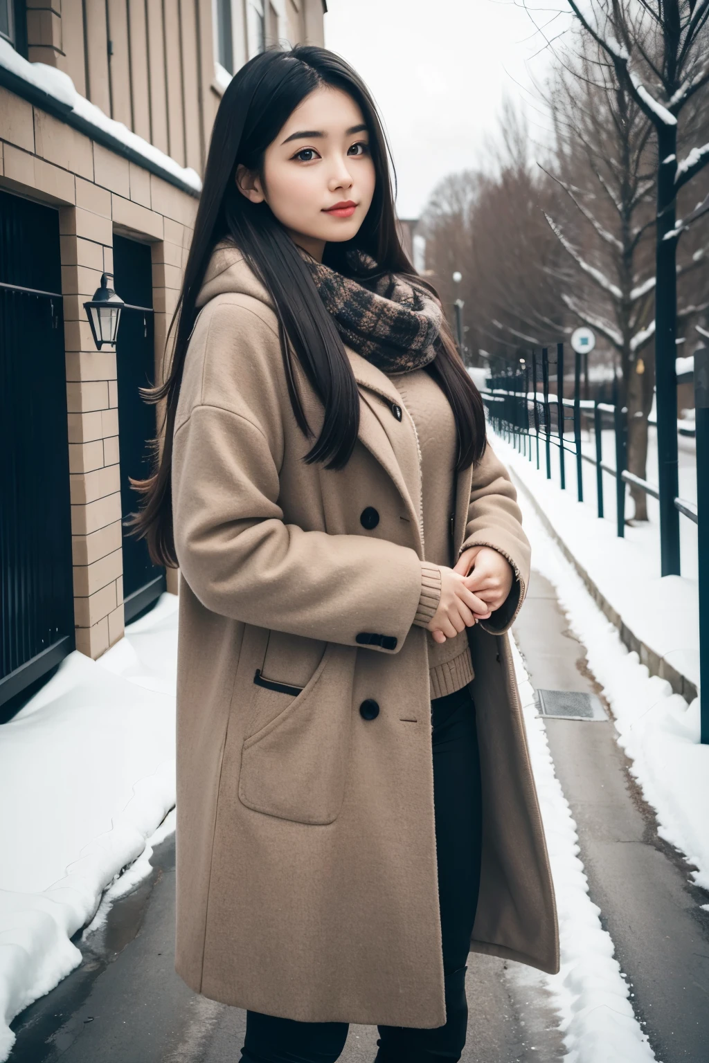 1 girl, long hair, black hair, happy beautiful fashion young woman standing alone, wearing a warm winter outfit. Looking at the camera. Photorealistic, ultra detail, 70mm lens