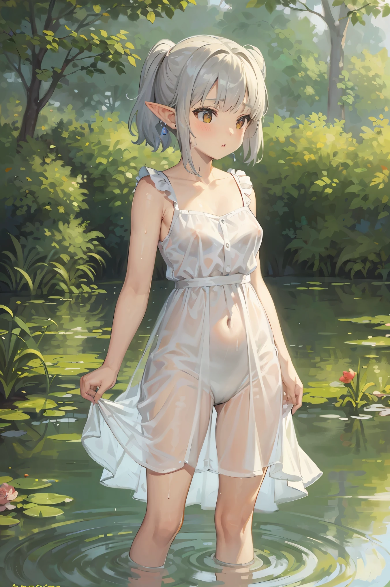 In Claude Monet style, Impressionism, 1girl, upper body focus, (white camisole dress), , full body Esbian, short silver hair, pond, wet, ((curtsey)), elf ear, nipples through, see-through, puffy nipples, bare breasts