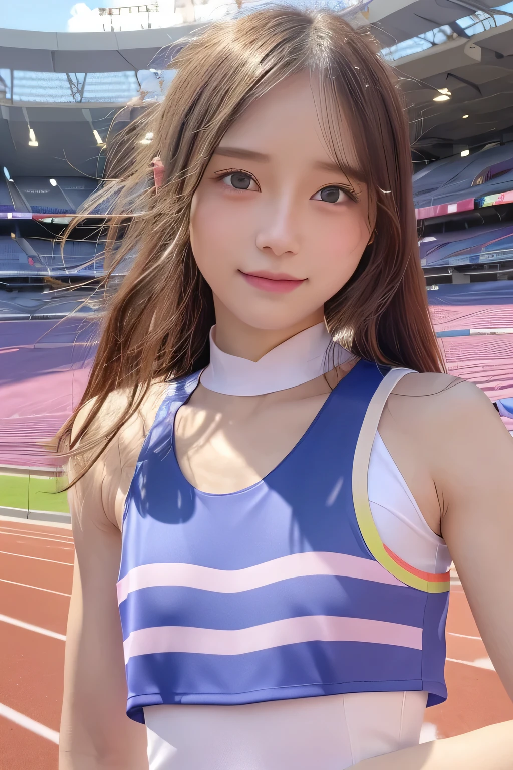 pieces fly、masterpiece、highest quality、Super detailed、High resolution、High resolution、8K portrait、unity 8k wallpaper、Detailed CG、unity 8k wallpaper、Detailed CGユニティ8kの壁紙、realistic、real person、portrait photography、shiny skin、(:1.2)、(cute:1.2)、High resolution、beautiful clear eyes、very detailed explanation、delicate face、cute face、nice lips、thin waist、thin legs、1 girl、(athletics stadium:1.5)、(flat chest:1.7)、(colorful sleeveless track and field uniform:1.5)、(abs:1.4)、(My nipples hit my clothes:1.4)、(smile)、(wavy hair)、(stop temporarily)