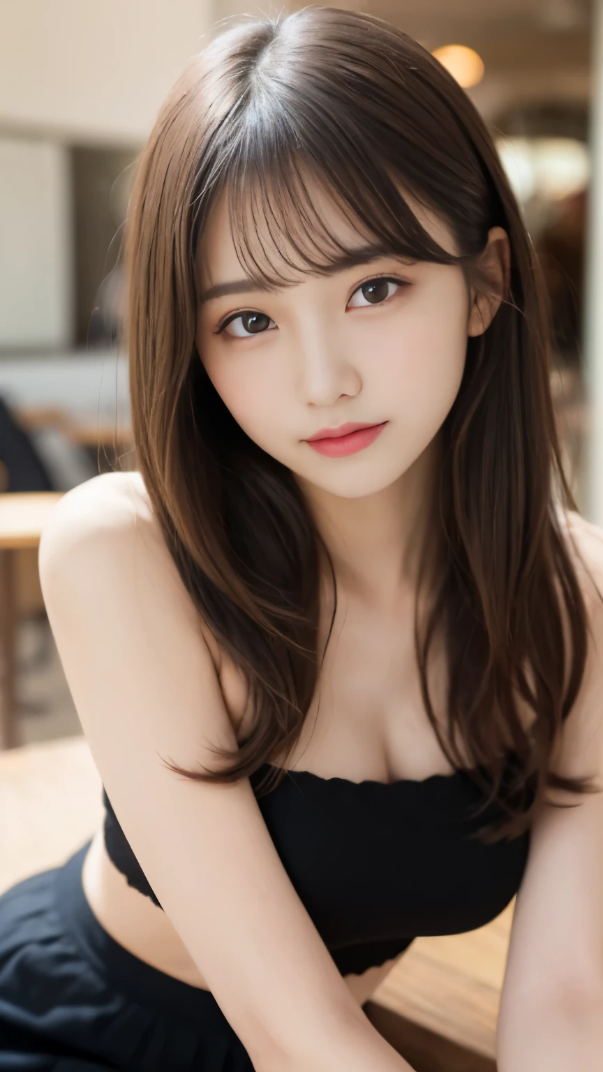 N.F.S.W.、highest quality、disorganized、super detailed、finely、High resolution、8k wallpaper、close up of face、perfect dynamic composition、beautiful and fine eyes、Gorgeous knit Korean winter clothes、skirt、Pretty hairstyle、bangs、(princess cut hair)、big breasts、natural color lip、bold sexy pose、smile、Cafe、Japanese、 girl、cute、sexy shot looking at camera、Always blur the background、perfect and beautiful face,Take only the face、beautiful and detailed face、slim face and style