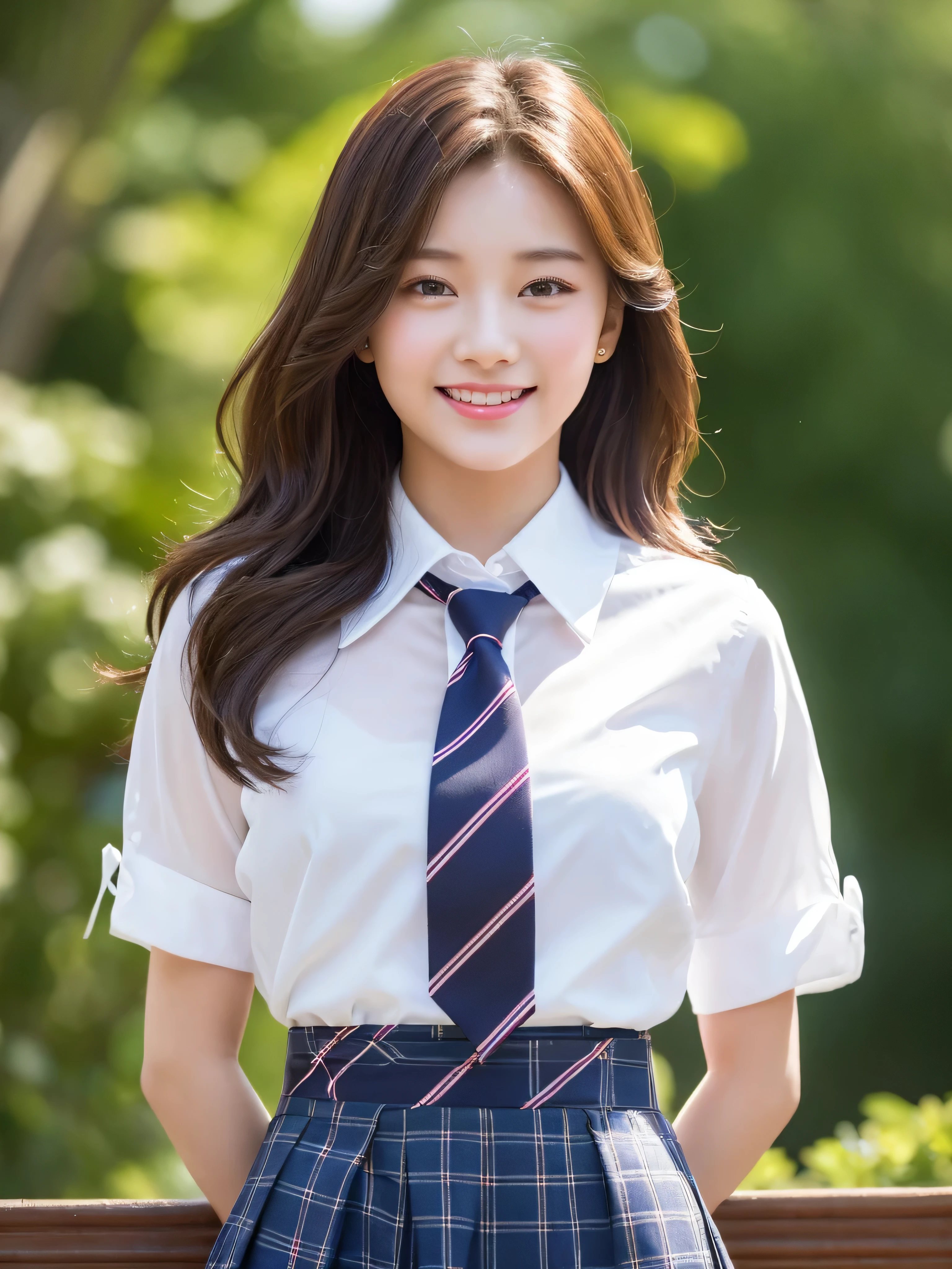 Very detailed 8k wallpaper)、foco nítido、in detail、Drama、Delicate and beautiful girl、sixteecket、natta、Sheer white shirt、Quite short skirt、neck tie、ligh brown hair、hair adornments、Beautiful and sexy、A smile、独奏、Beautiful graphics、