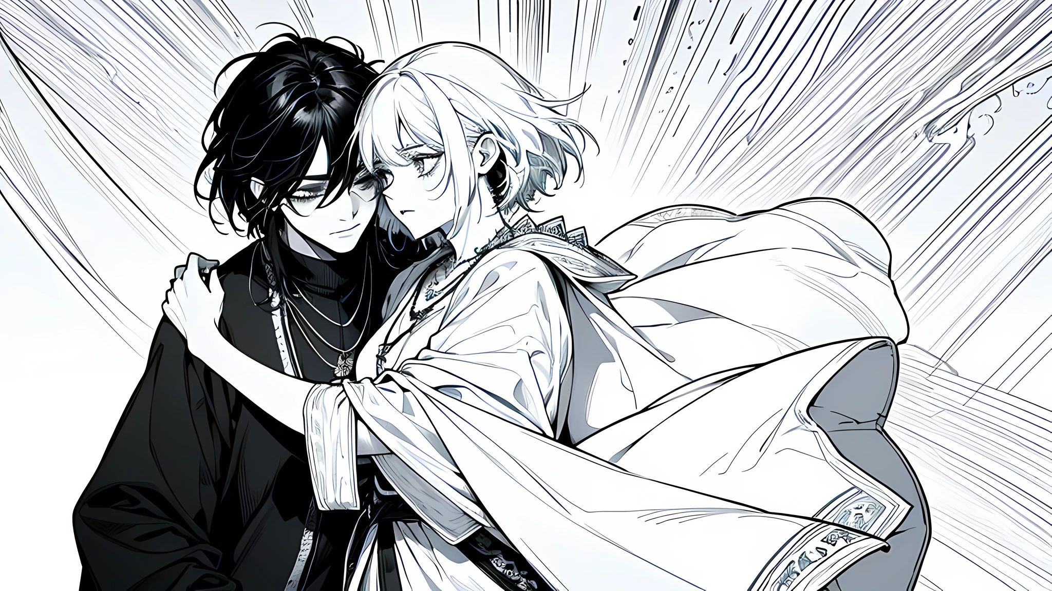 1 man (black clothes with shaman necklace, long black hair, puffy eyes) and 1 women (short hair, white hair) hugging each other, face to detail, detailed eyes, the background is just white, standing, monochrome (clear line, lineart), full body illustration, 8k wallpaper, highres