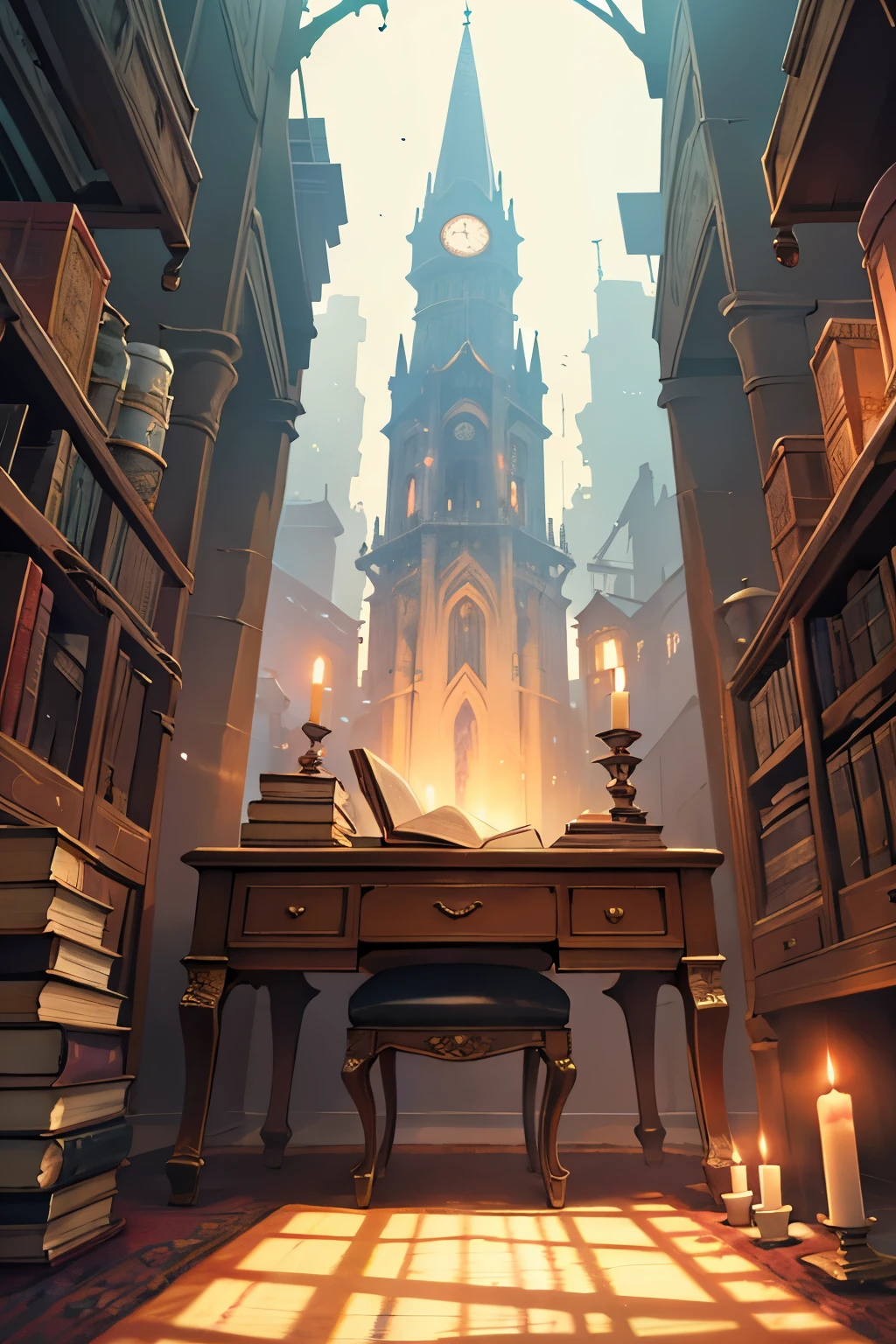 anime highest quality, wizards tower, magic orbs, books, scrolls neatly tied, map on the wall, a full desk edge to edge red woven carpet on the ground beneath the desk, short very used candles lighting the room wax dripping