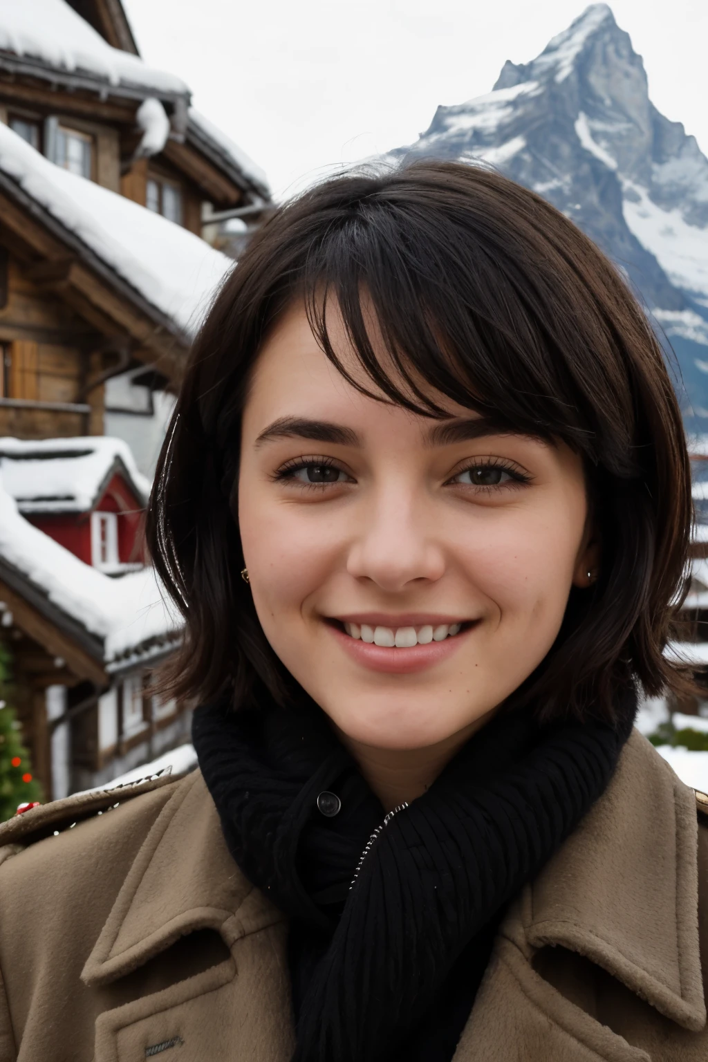 Instagram pictures, 21yo french girl, short hair, black hair, Close-up photo, coat, The background is the village of Grindelwald., Switzerland, smile a little,